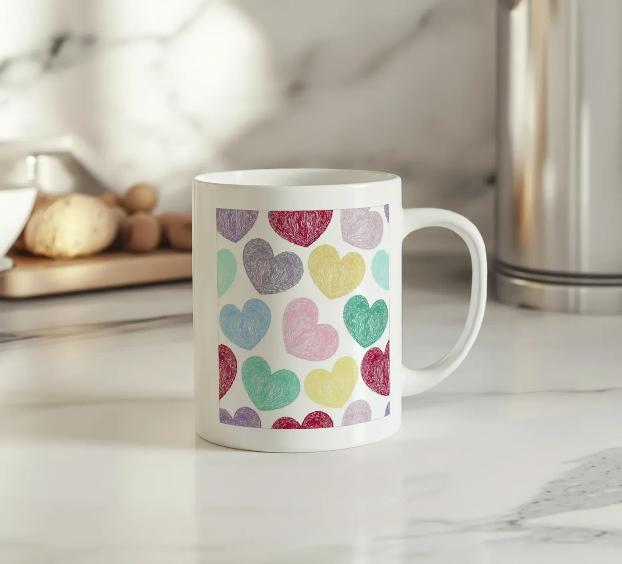 Doodle hearts seamless colorful pattern ceramic mug by gulsengunel