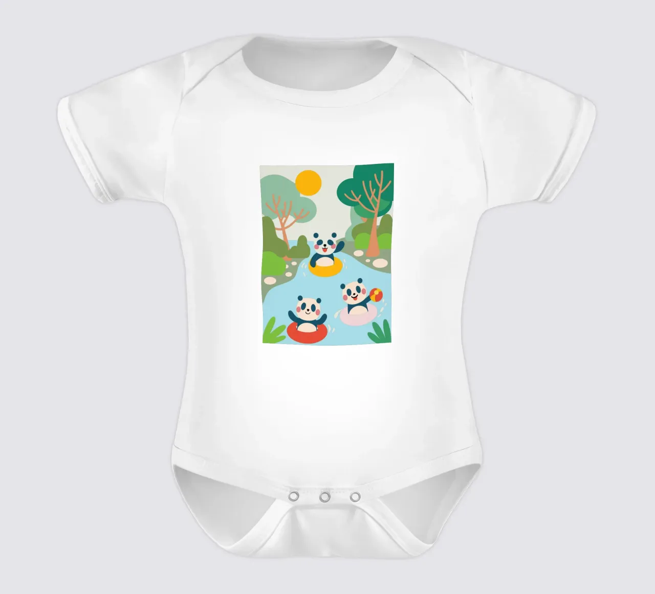 Three Pandas Play short-sleeve baby romper by CUTE ANIMALS