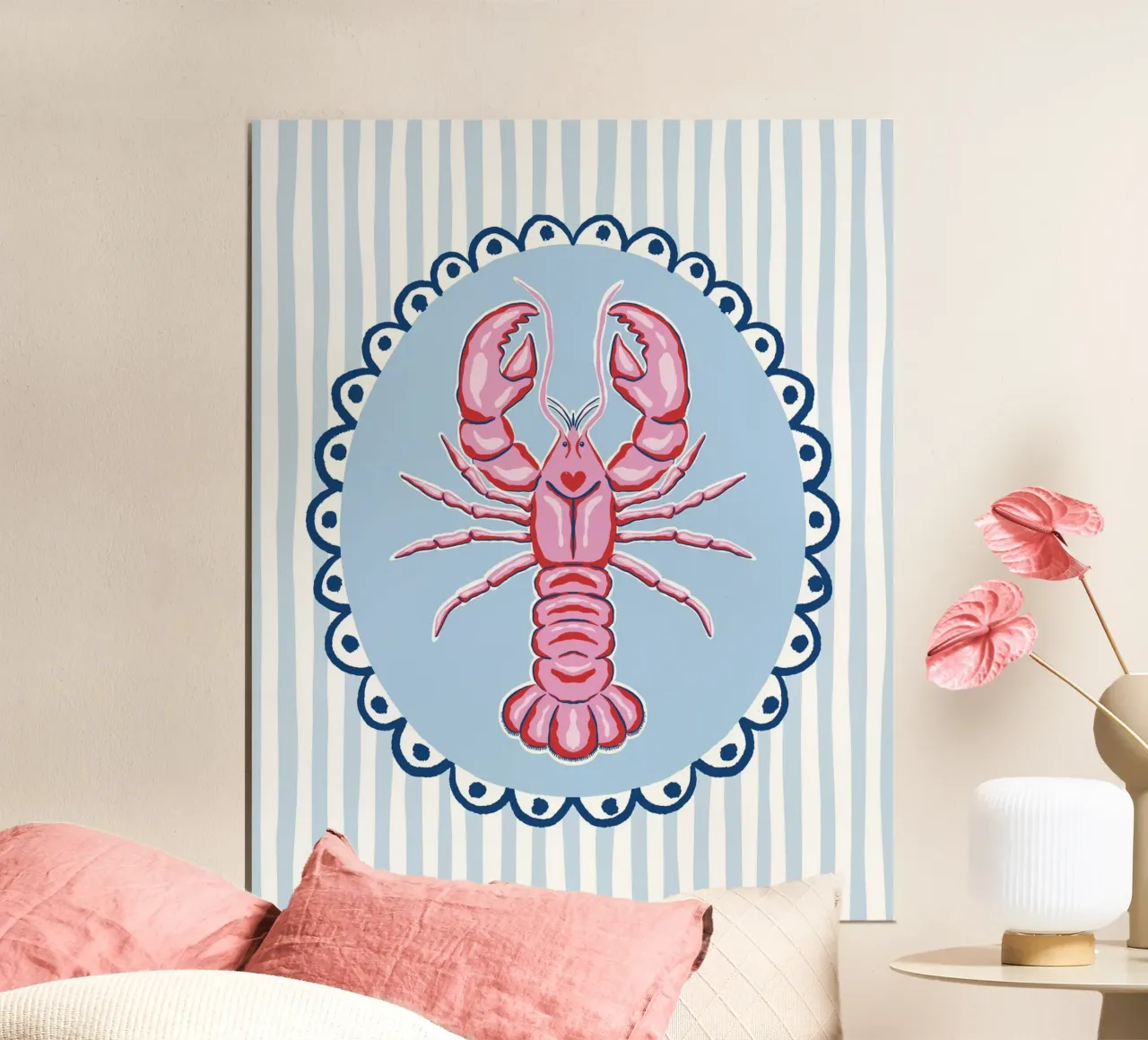 Preppy lobster - pink and blue poster with wooden frame by Vivdesign