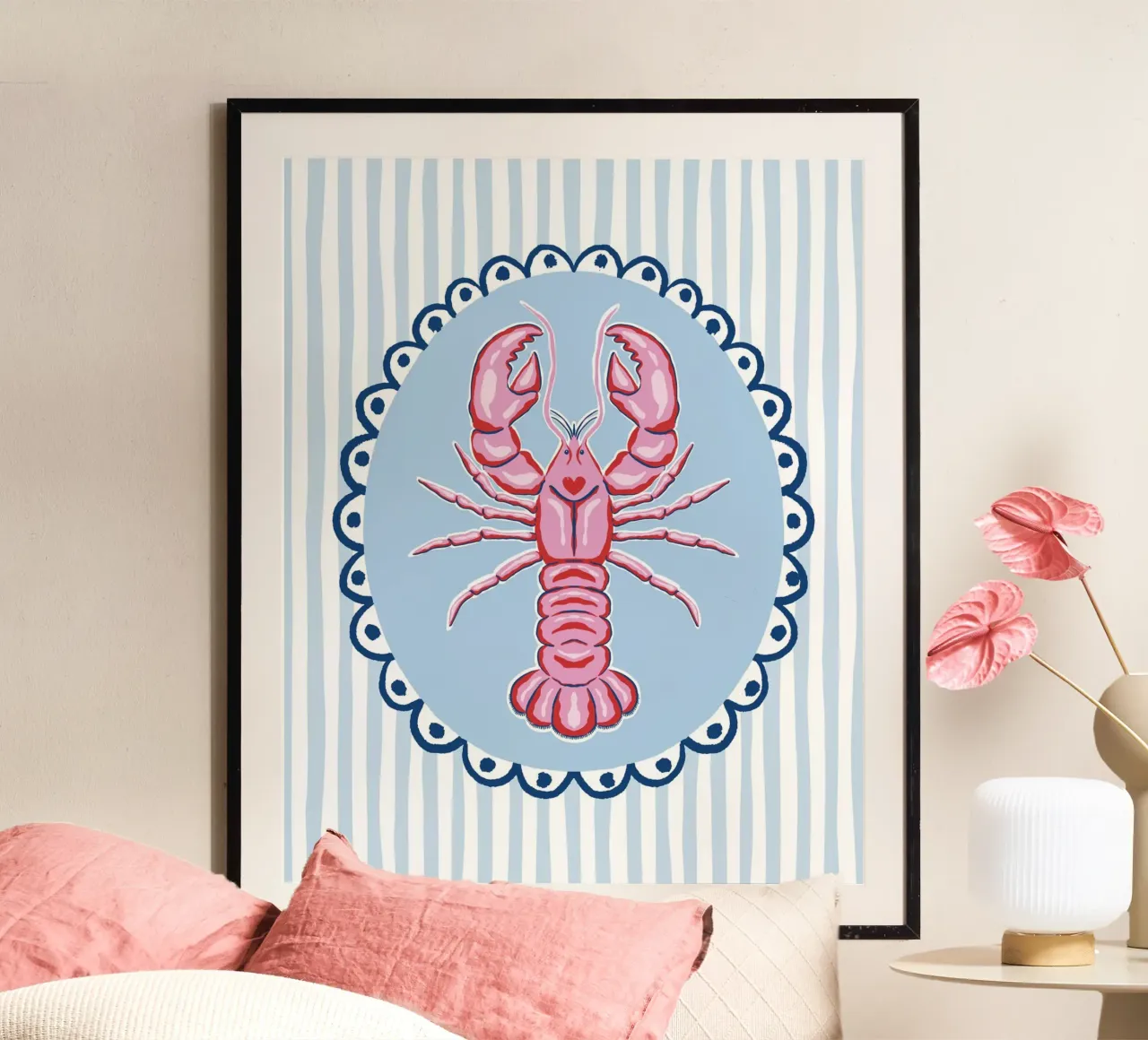 Preppy lobster - pink and blue poster with wooden frame by Vivdesign