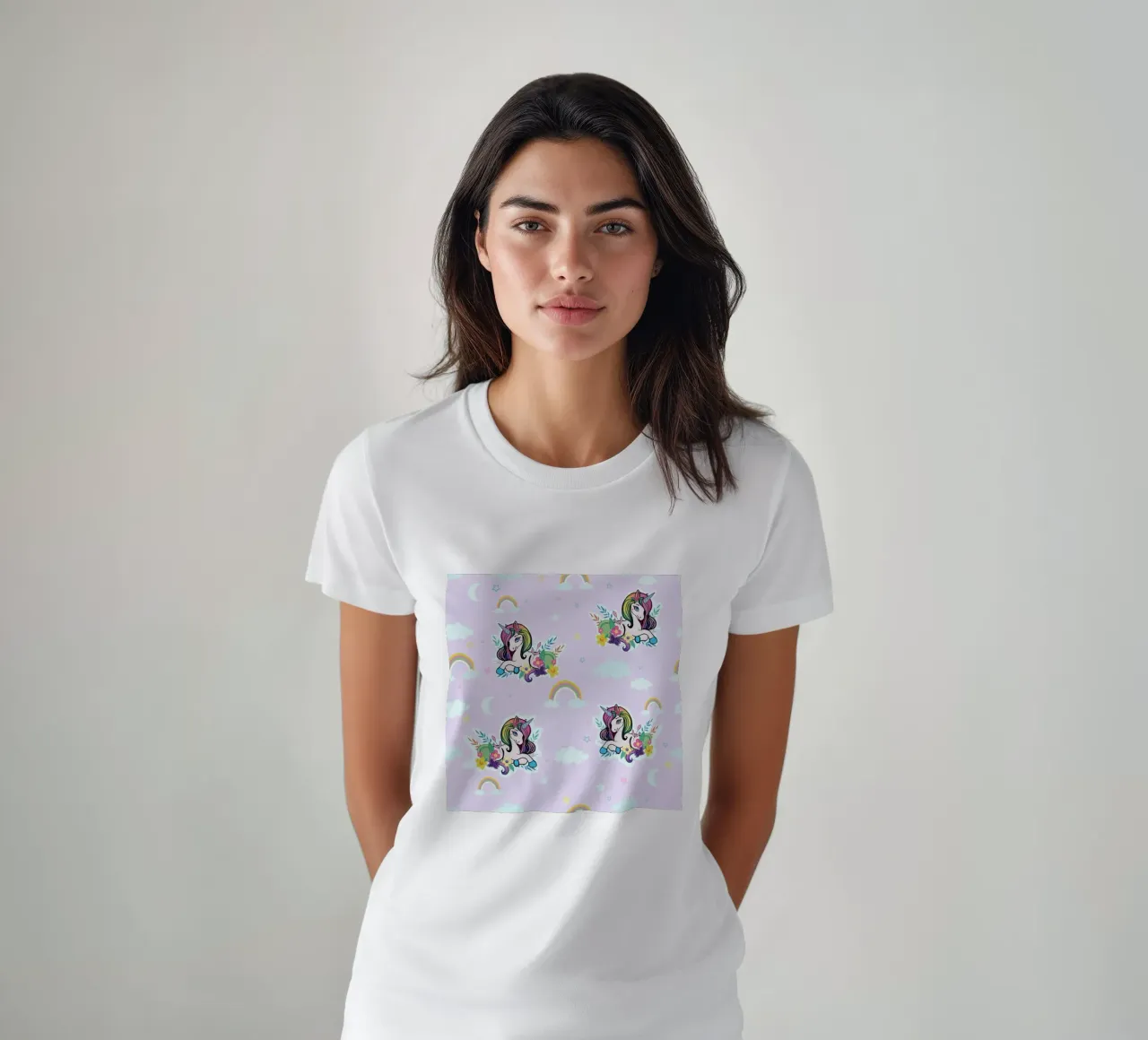 Unicorn pattern with flowers lilac background t-shirt by gulsengunel