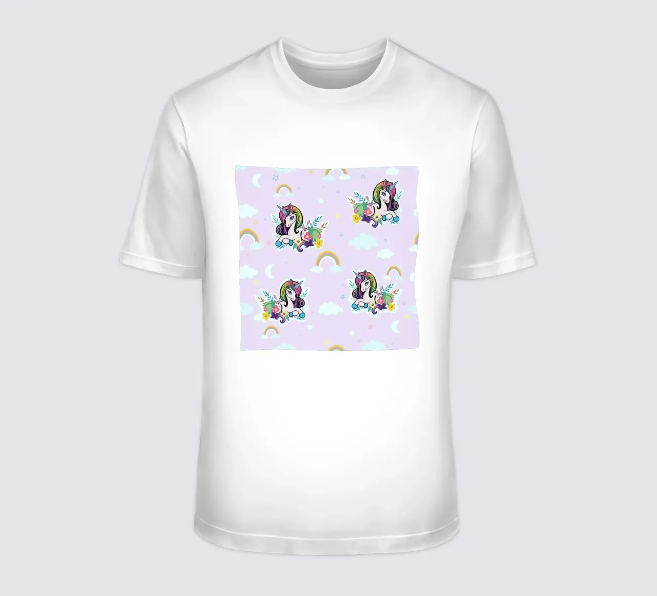 Unicorn pattern with flowers lilac background t-shirt by gulsengunel