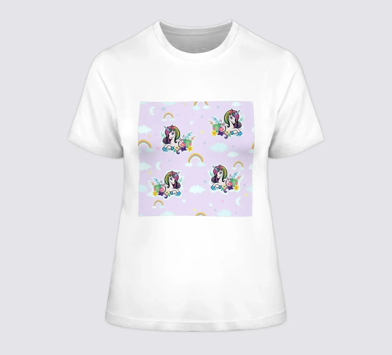 Unicorn pattern with flowers lilac background women's fitted t-shirt by gulsengunel