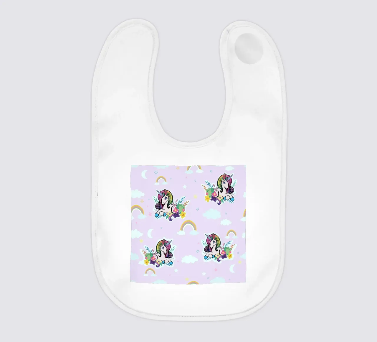 Motif de licorne avec fleurs sur fond lilas bavoir de gulsengunel