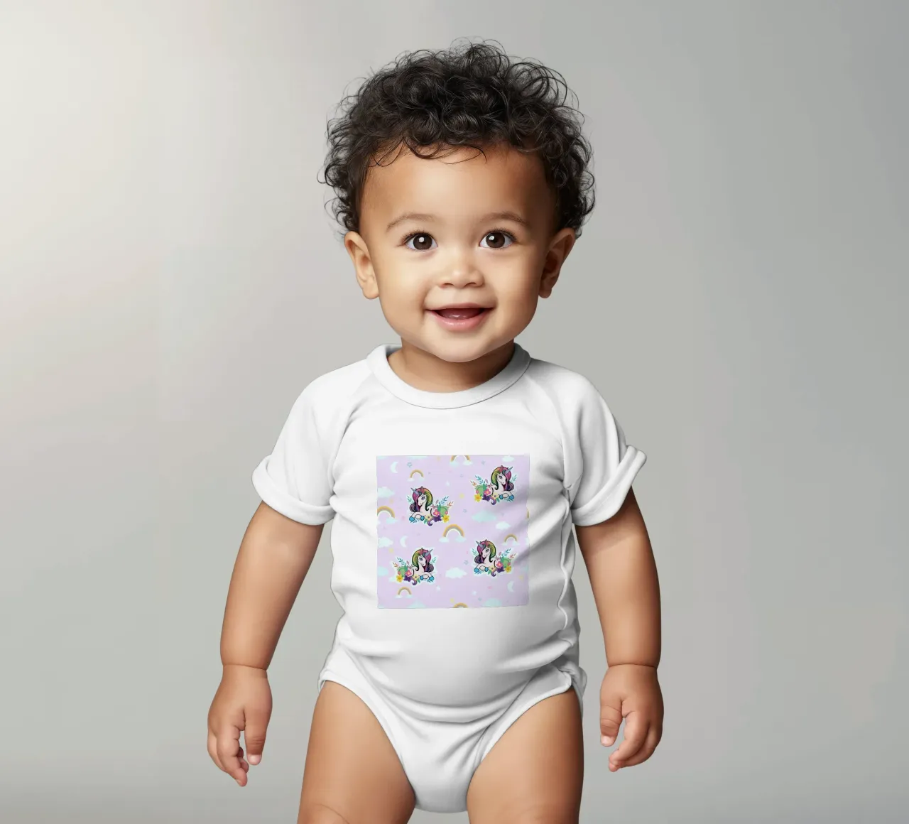 Unicorn pattern with flowers lilac background short-sleeve baby romper by gulsengunel