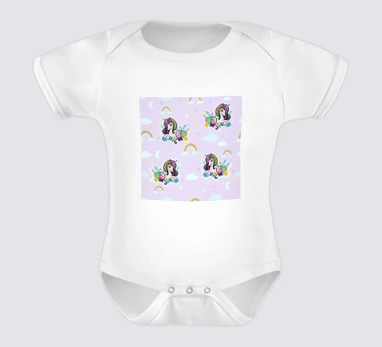 Unicorn pattern with flowers lilac background short-sleeve baby romper by gulsengunel