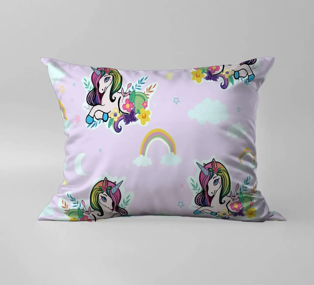 Unicorn pattern with flowers lilac background decorative cushion by gulsengunel