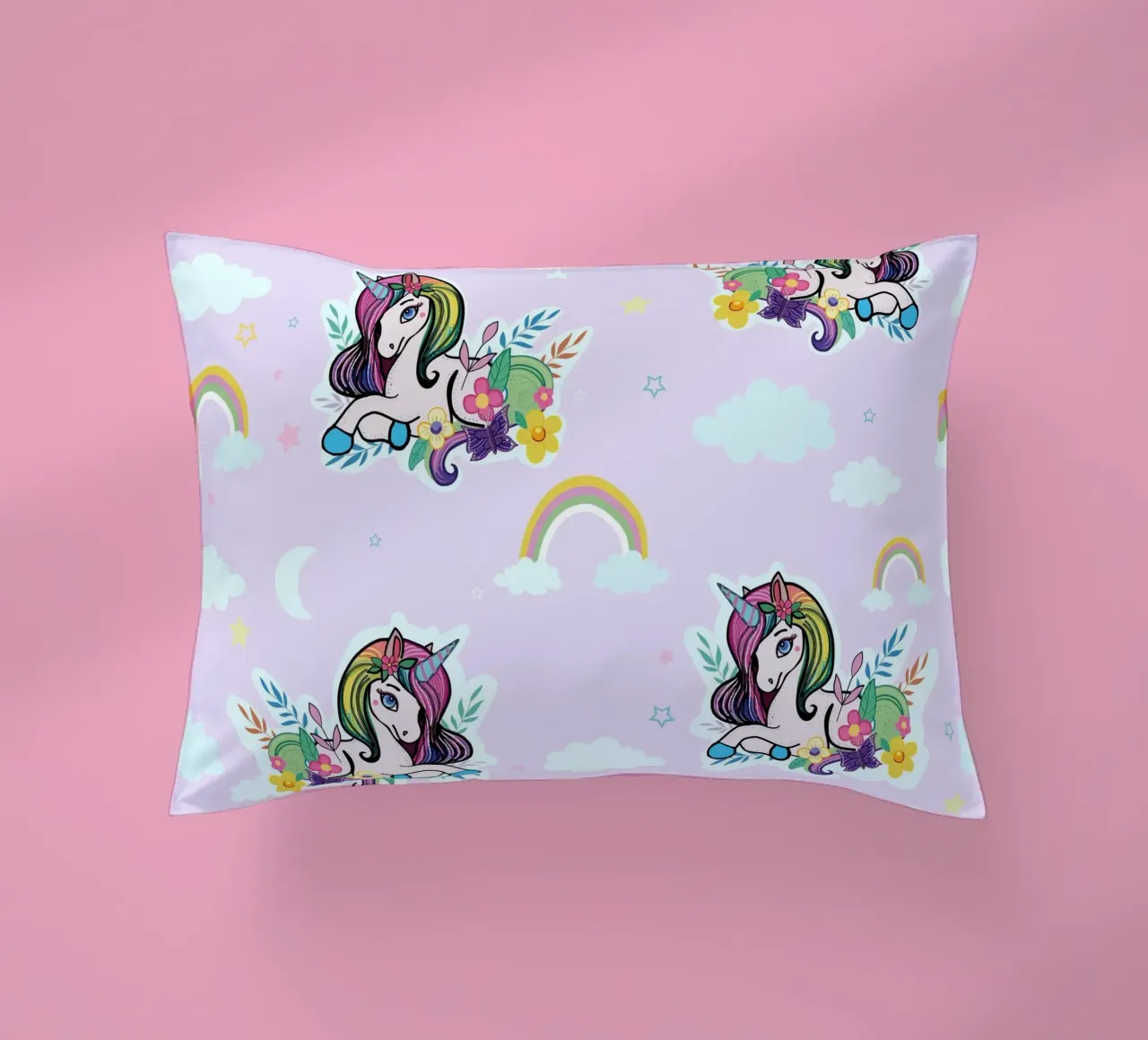 Unicorn pattern with flowers lilac background decorative cushion by gulsengunel