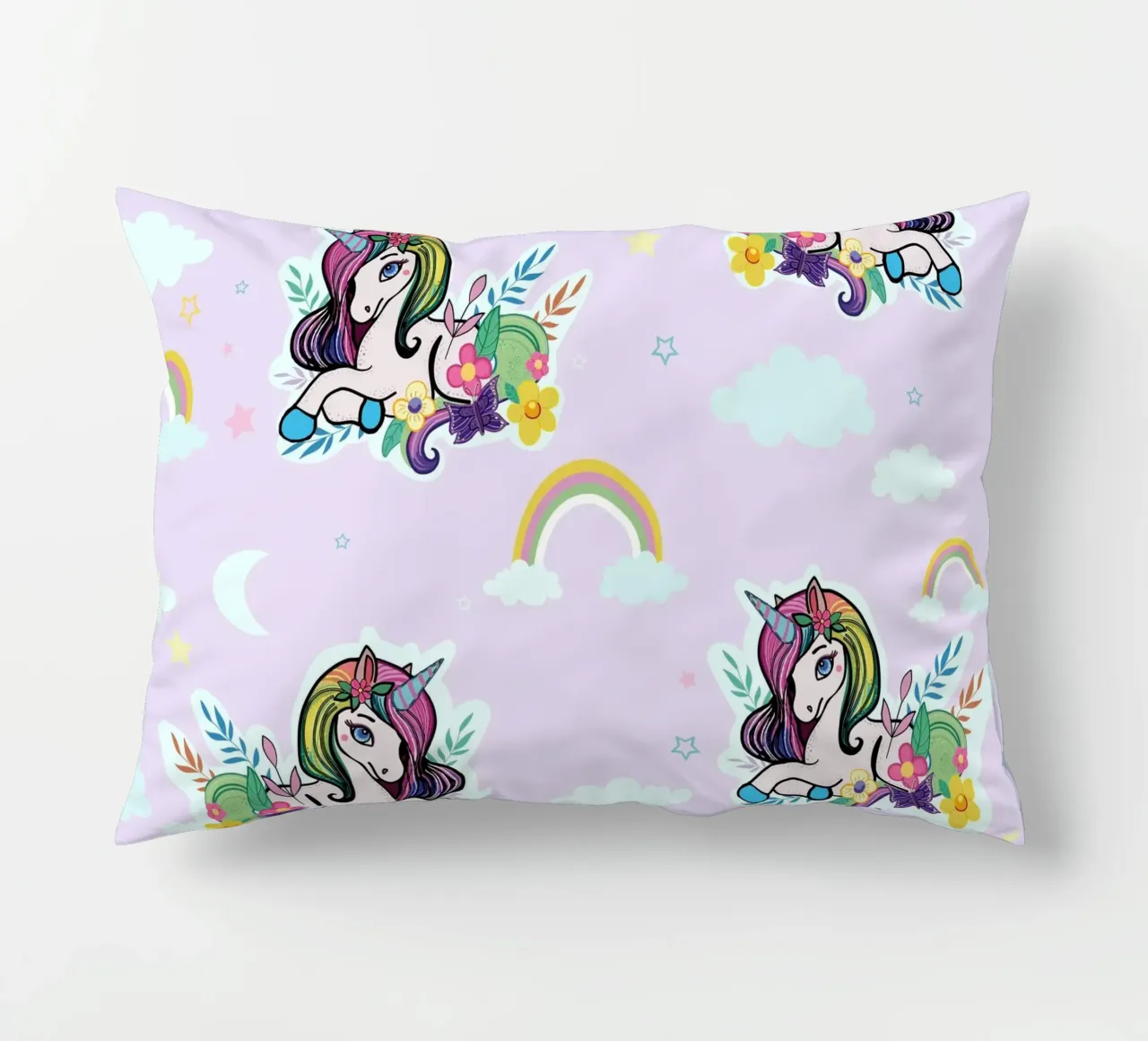 Unicorn pattern with flowers lilac background decorative cushion by gulsengunel
