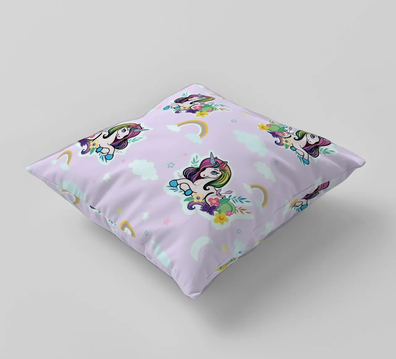 Unicorn pattern with flowers lilac background decorative cushion by gulsengunel