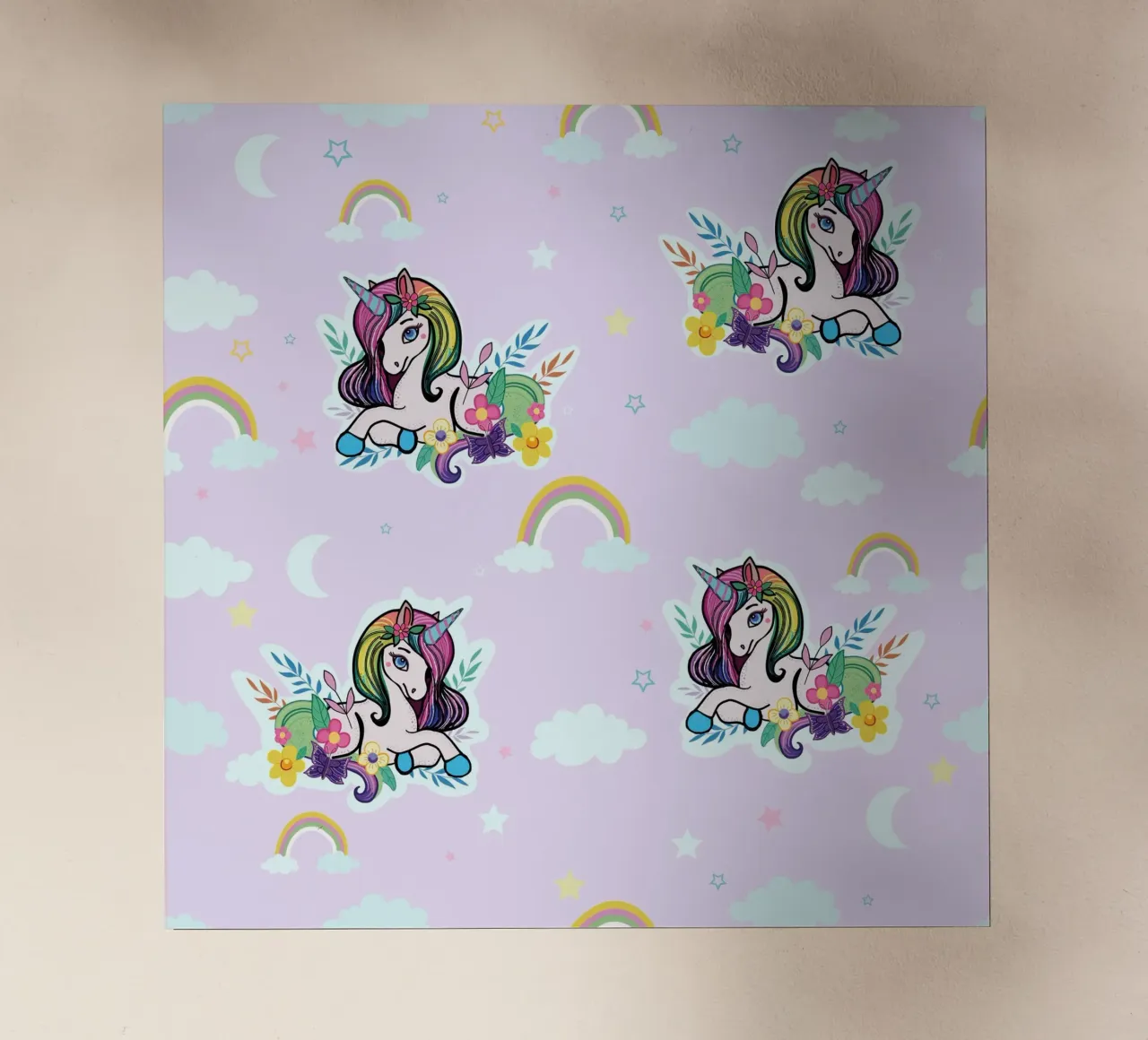 Unicorn pattern with flowers lilac background backlit film by gulsengunel