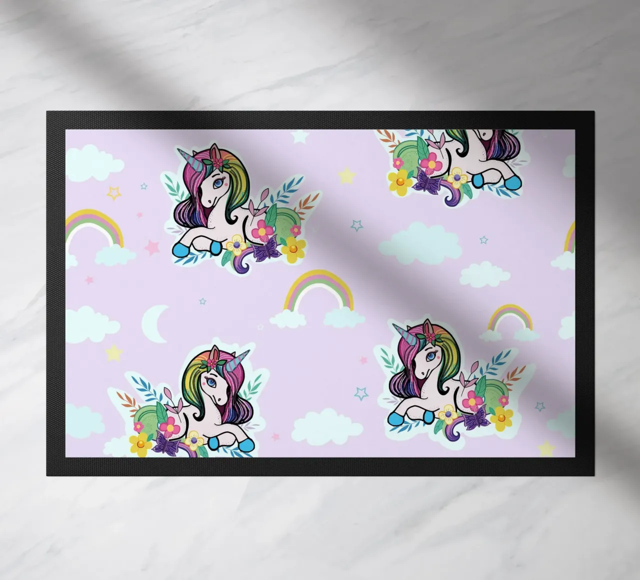 Unicorn pattern with flowers lilac background doormat by gulsengunel