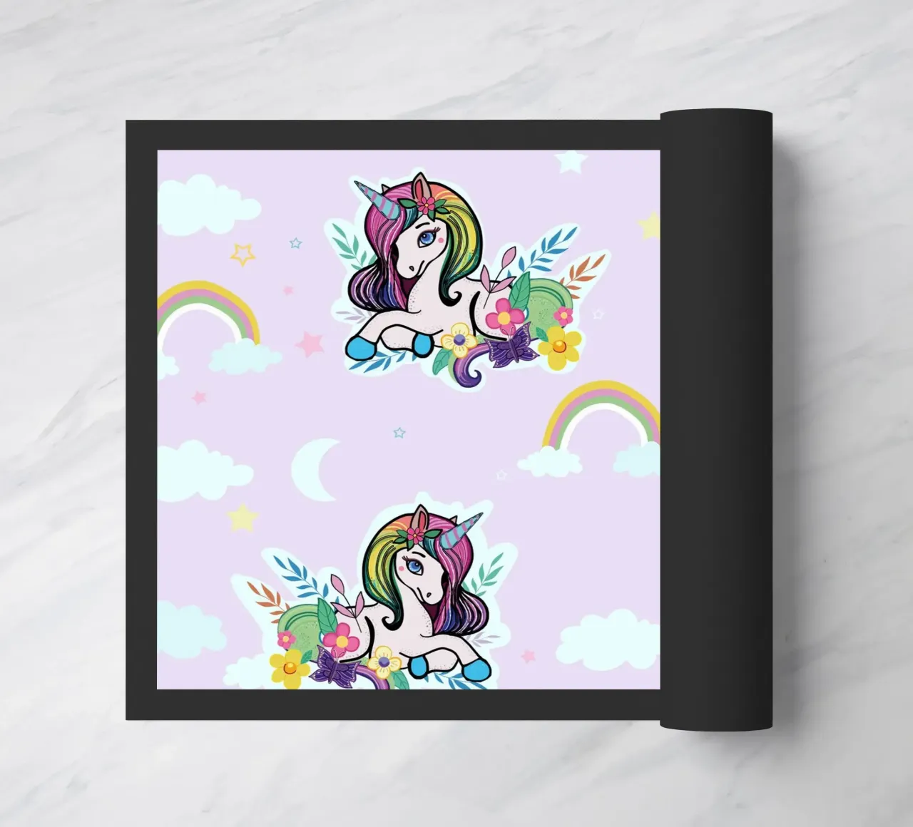 Unicorn pattern with flowers lilac background doormat by gulsengunel