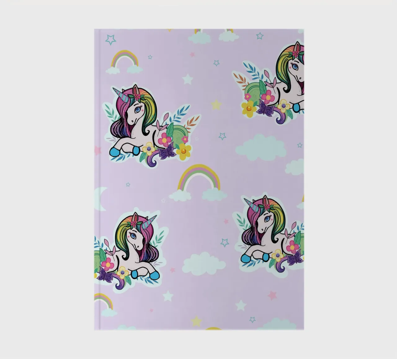 Unicorn pattern with flowers lilac background notebook by gulsengunel