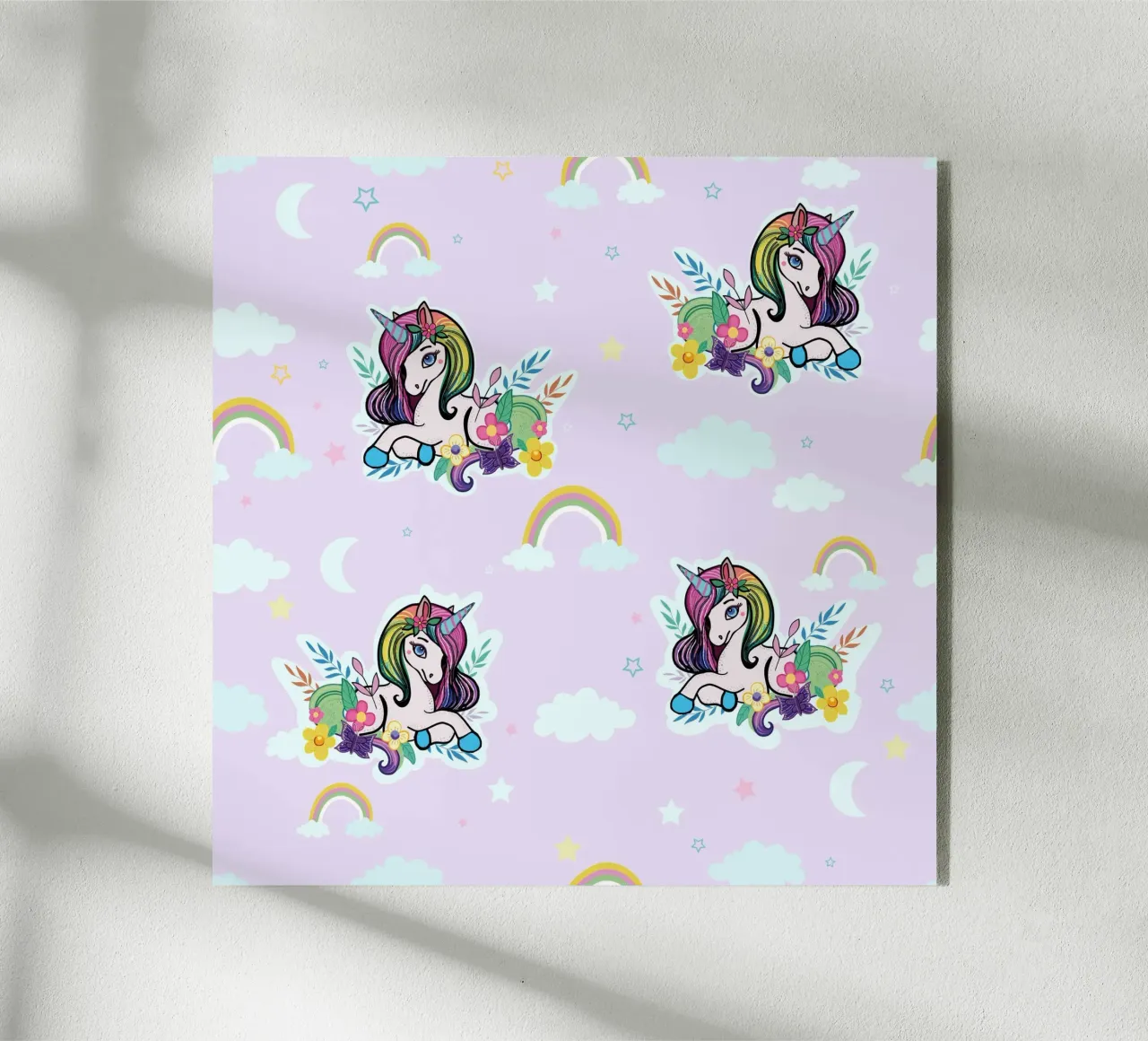Patrón de unicornio con flores de fondo lila metacrilato de gulsengunel