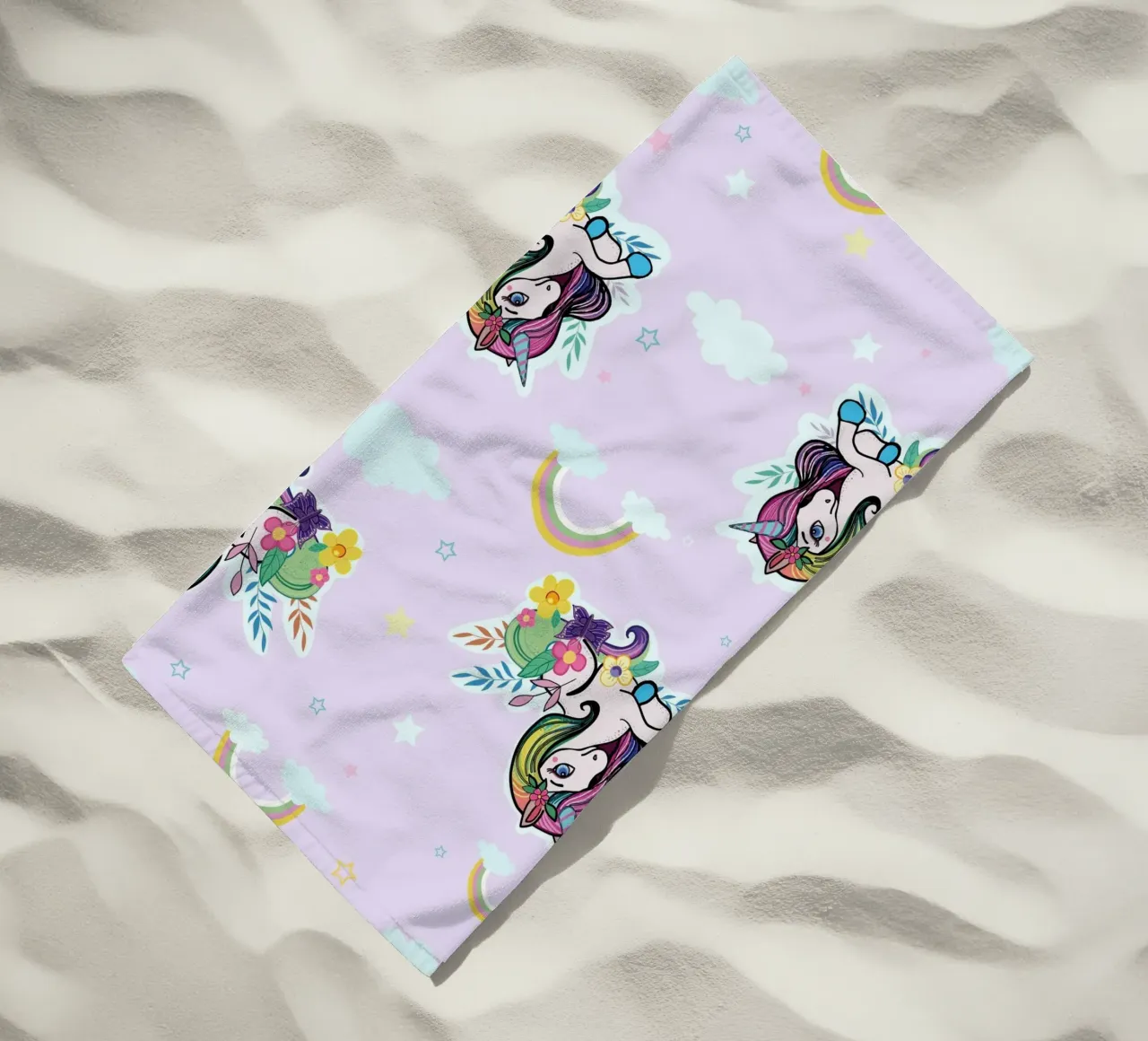 Unicorn pattern with flowers lilac background beach towel by gulsengunel