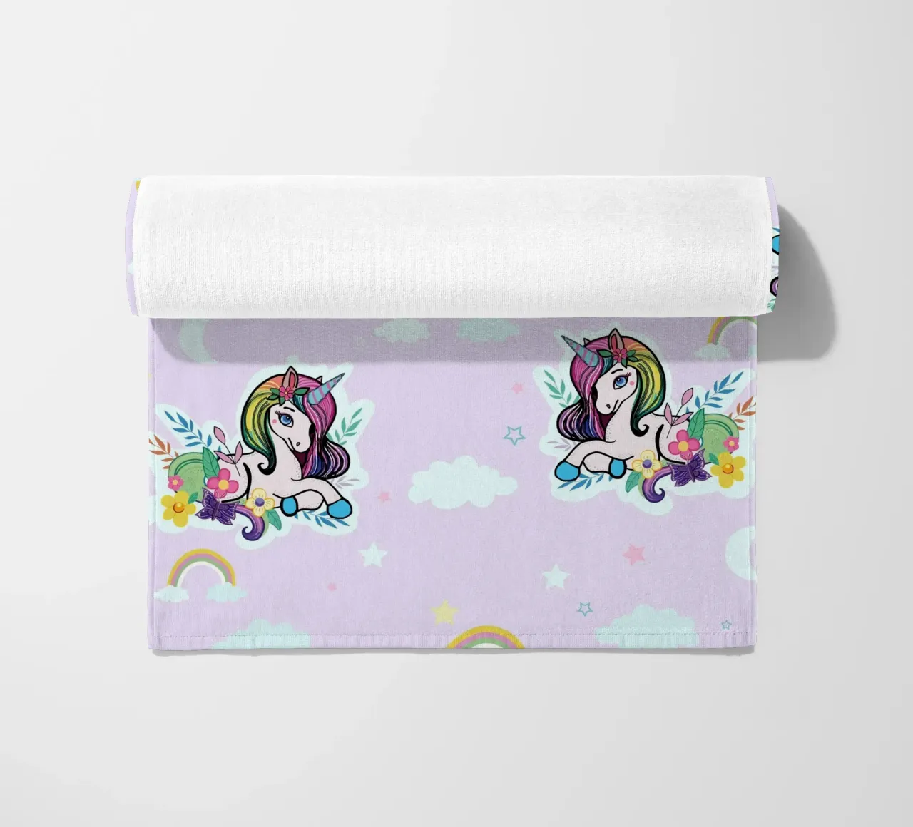 Unicorn pattern with flowers lilac background beach towel by gulsengunel