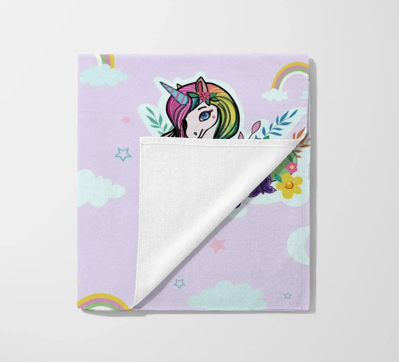 Unicorn pattern with flowers lilac background beach towel by gulsengunel