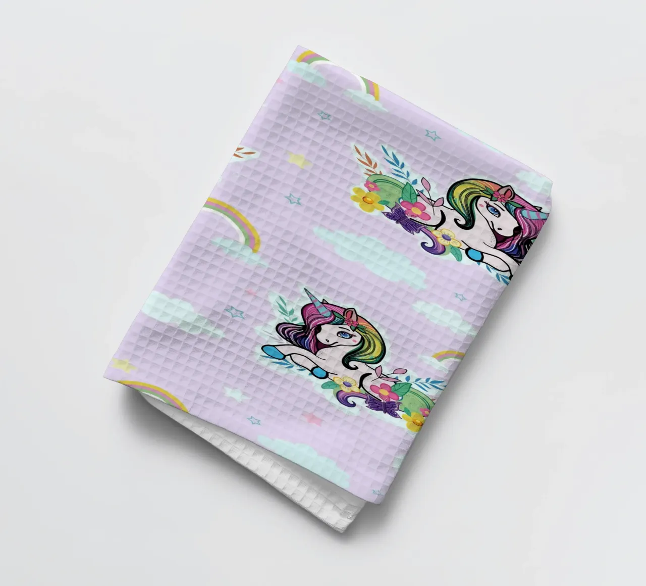 Unicorn pattern with flowers lilac background tea towel by gulsengunel