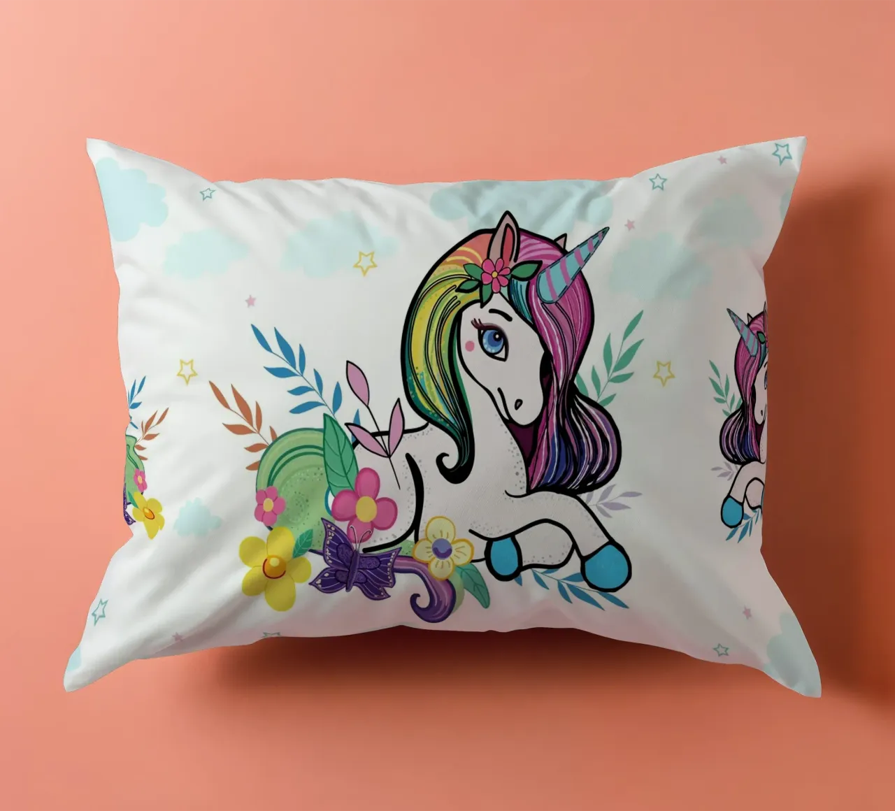 Unicorn pattern with flowers decorative cushion by gulsengunel