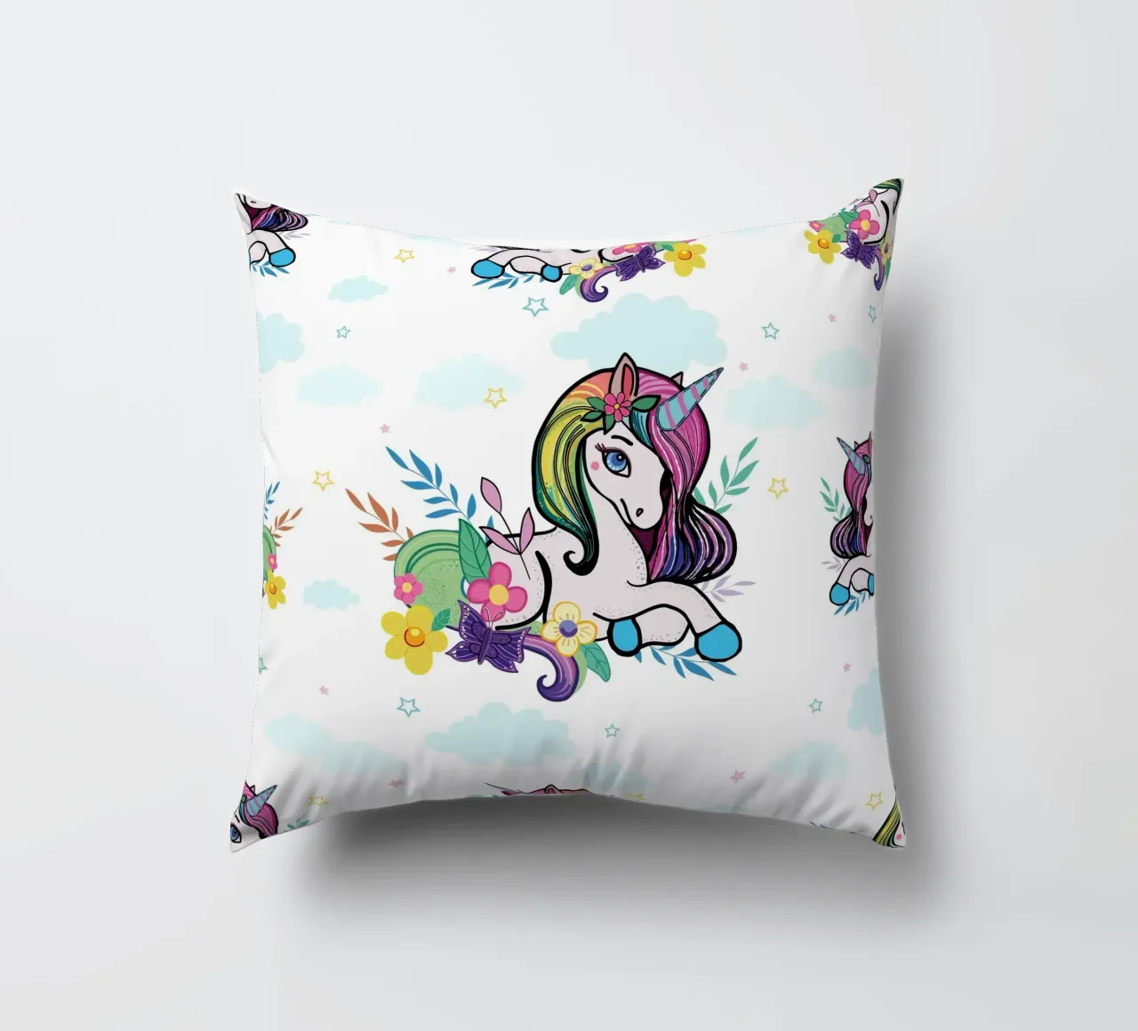Unicorn pattern with flowers decorative cushion by gulsengunel