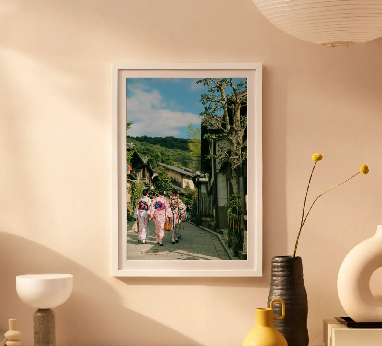 Stroll in Gion, Kyoto, Japan poster with wooden frame by Wanderlust Vibes