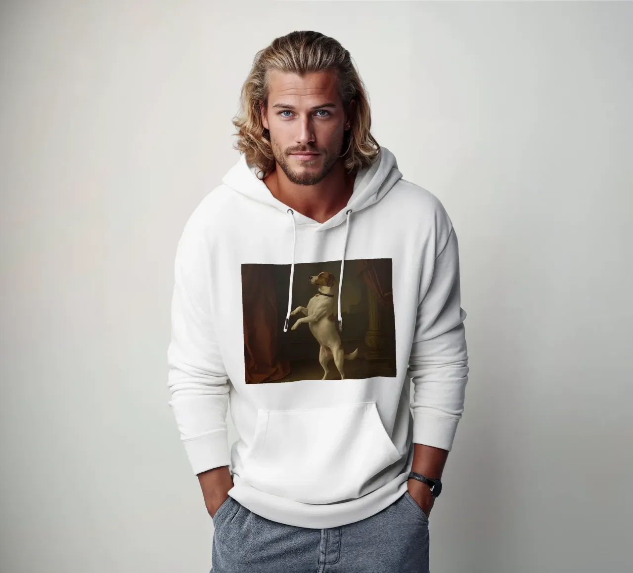 Cane in piedi sulle zampe posteriori in un classico studio di posa felpa con cappuccio da DesignDoodle