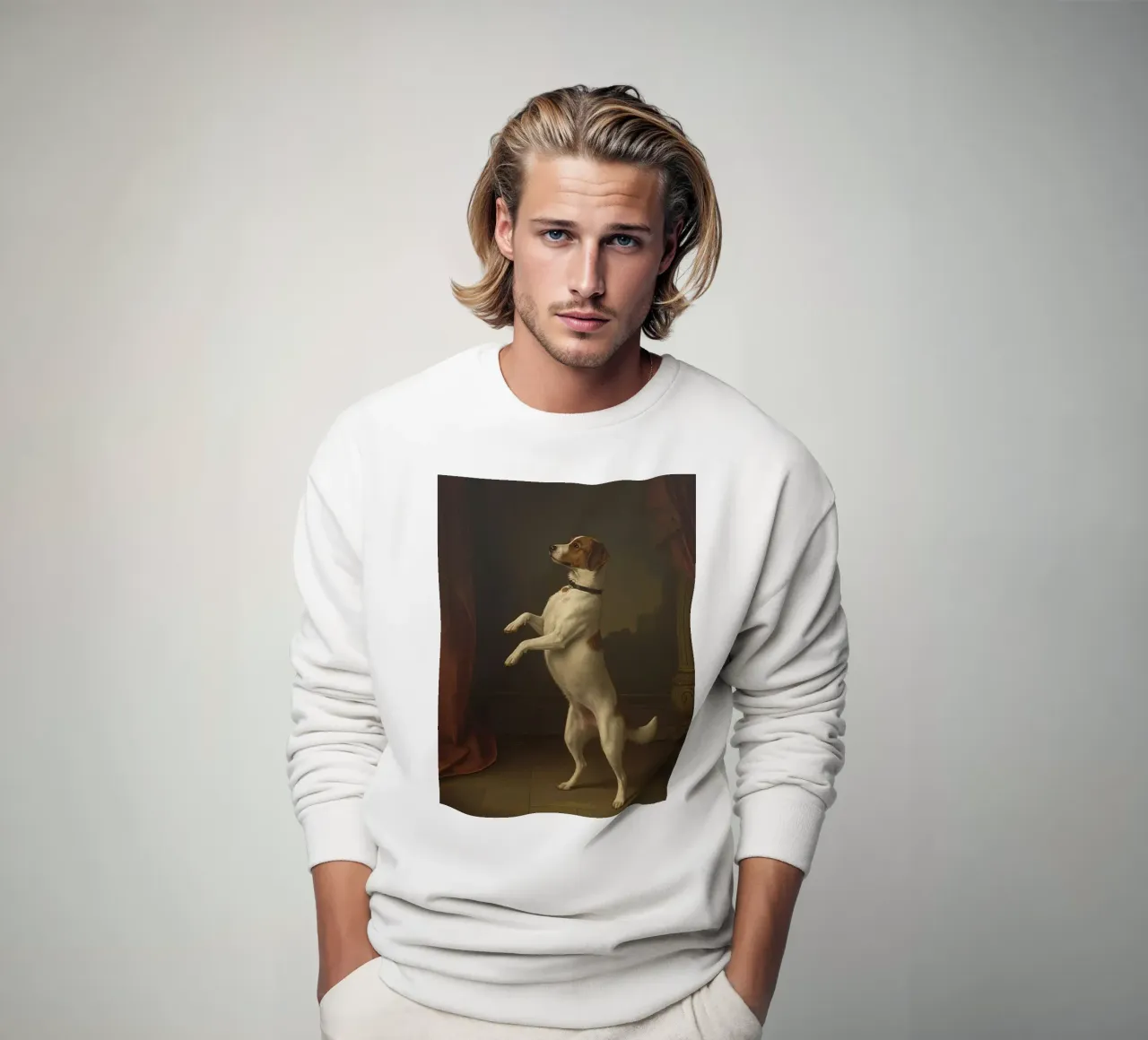 Cane in piedi sulle zampe posteriori in un classico studio di posa felpa da DesignDoodle