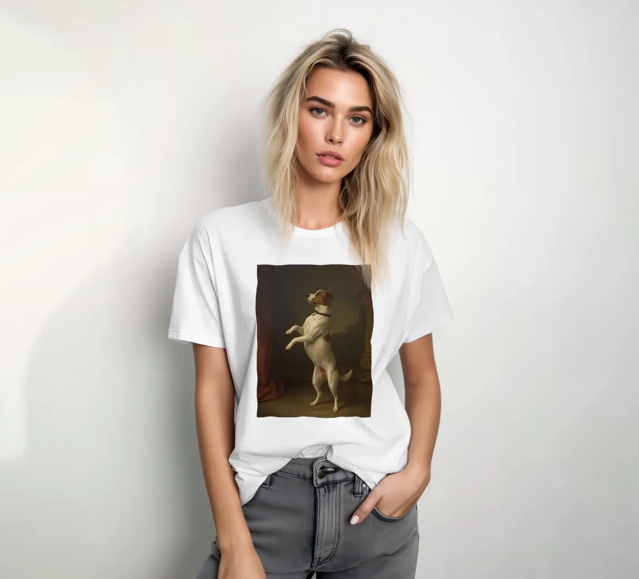 Cane in piedi sulle zampe posteriori in un classico studio di posa t-shirt da DesignDoodle