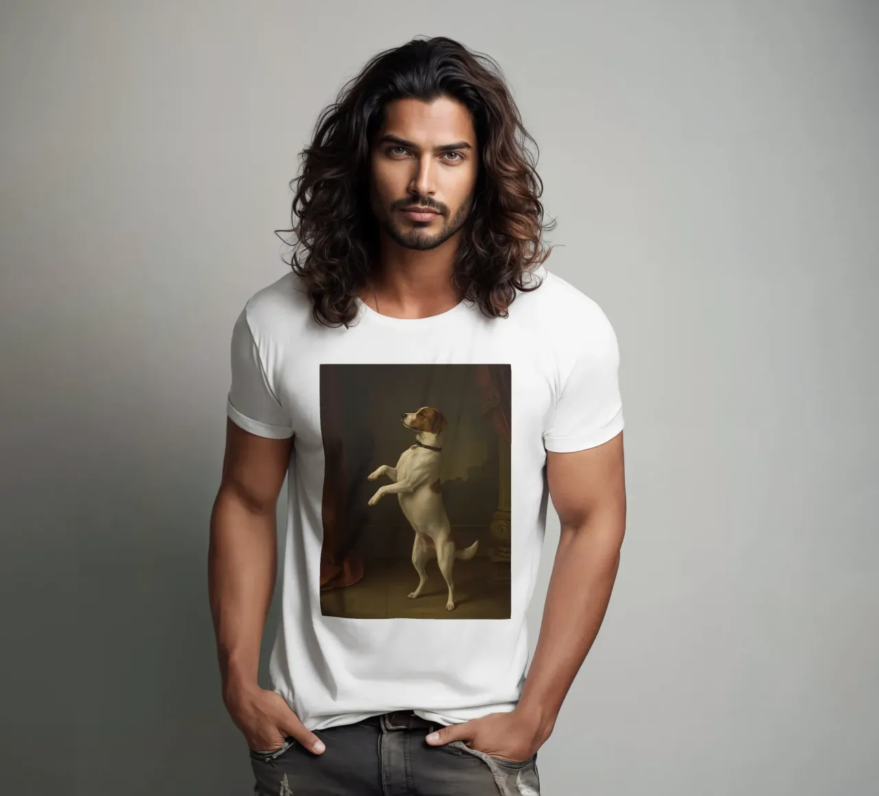Cane in piedi sulle zampe posteriori in un classico studio di posa t-shirt da DesignDoodle