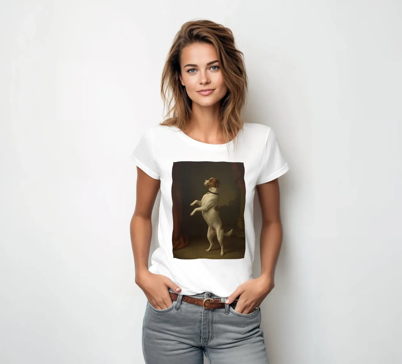 Cane in piedi sulle zampe posteriori in un classico studio di posa t-shirt da donna da DesignDoodle