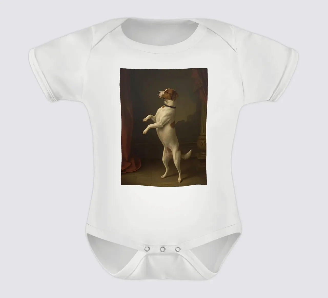 Cane in piedi sulle zampe posteriori in un classico studio di posa body neonato maniche corte da DesignDoodle