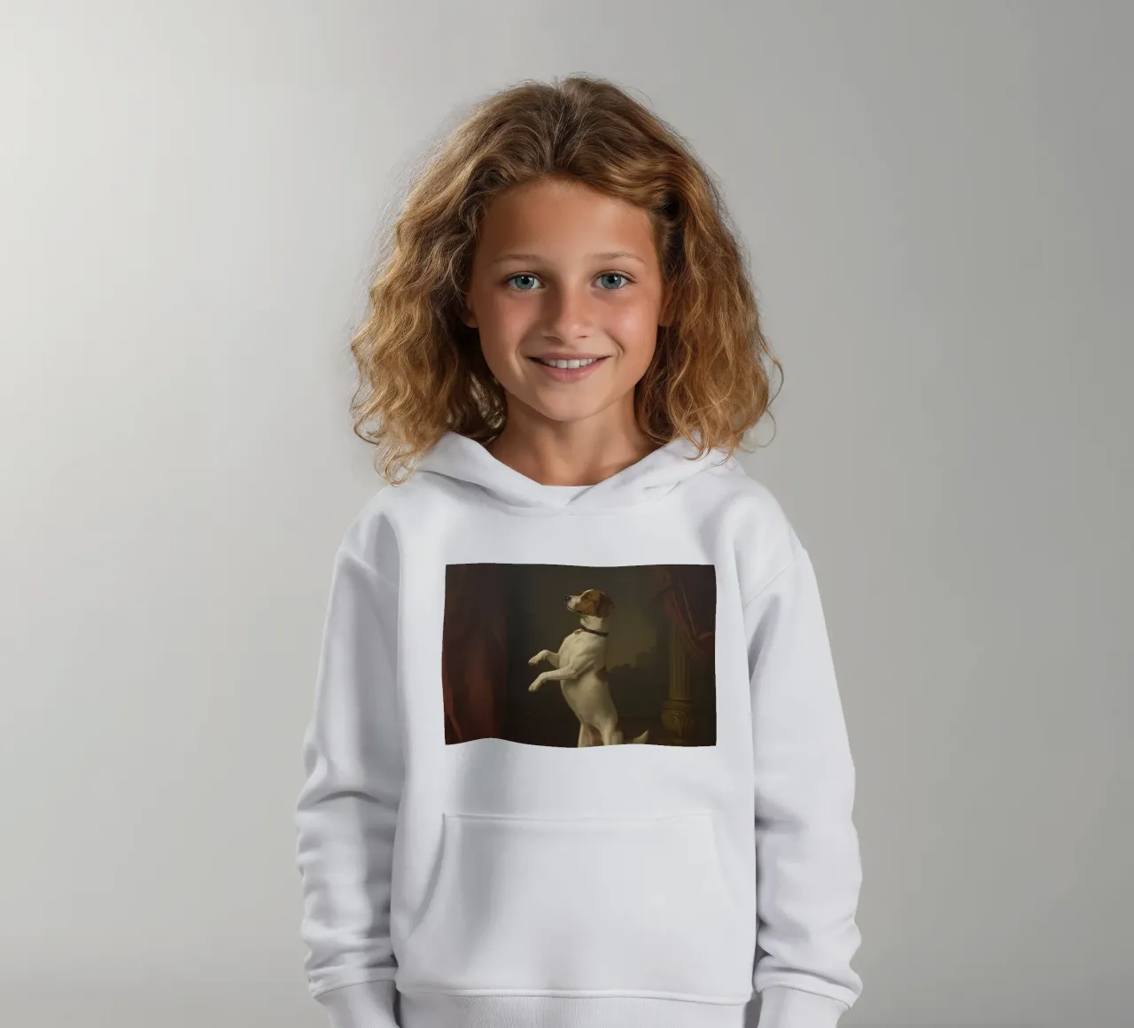 Cane in piedi sulle zampe posteriori in un classico studio di posa felpa bambino con cappuccio da DesignDoodle