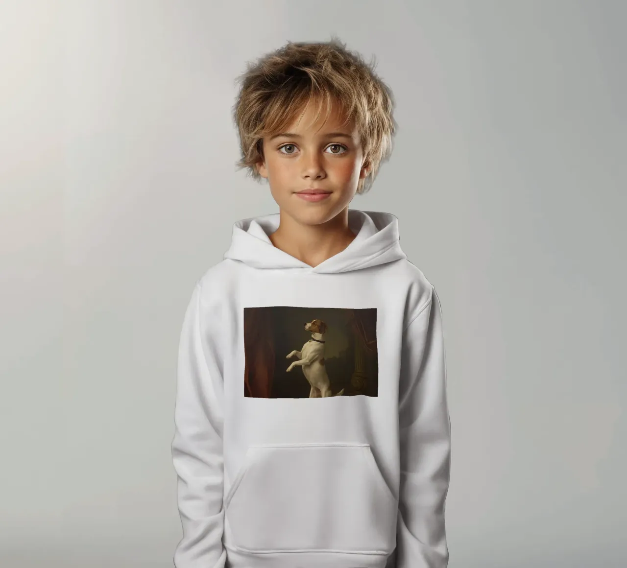 Cane in piedi sulle zampe posteriori in un classico studio di posa felpa bambino con cappuccio da DesignDoodle