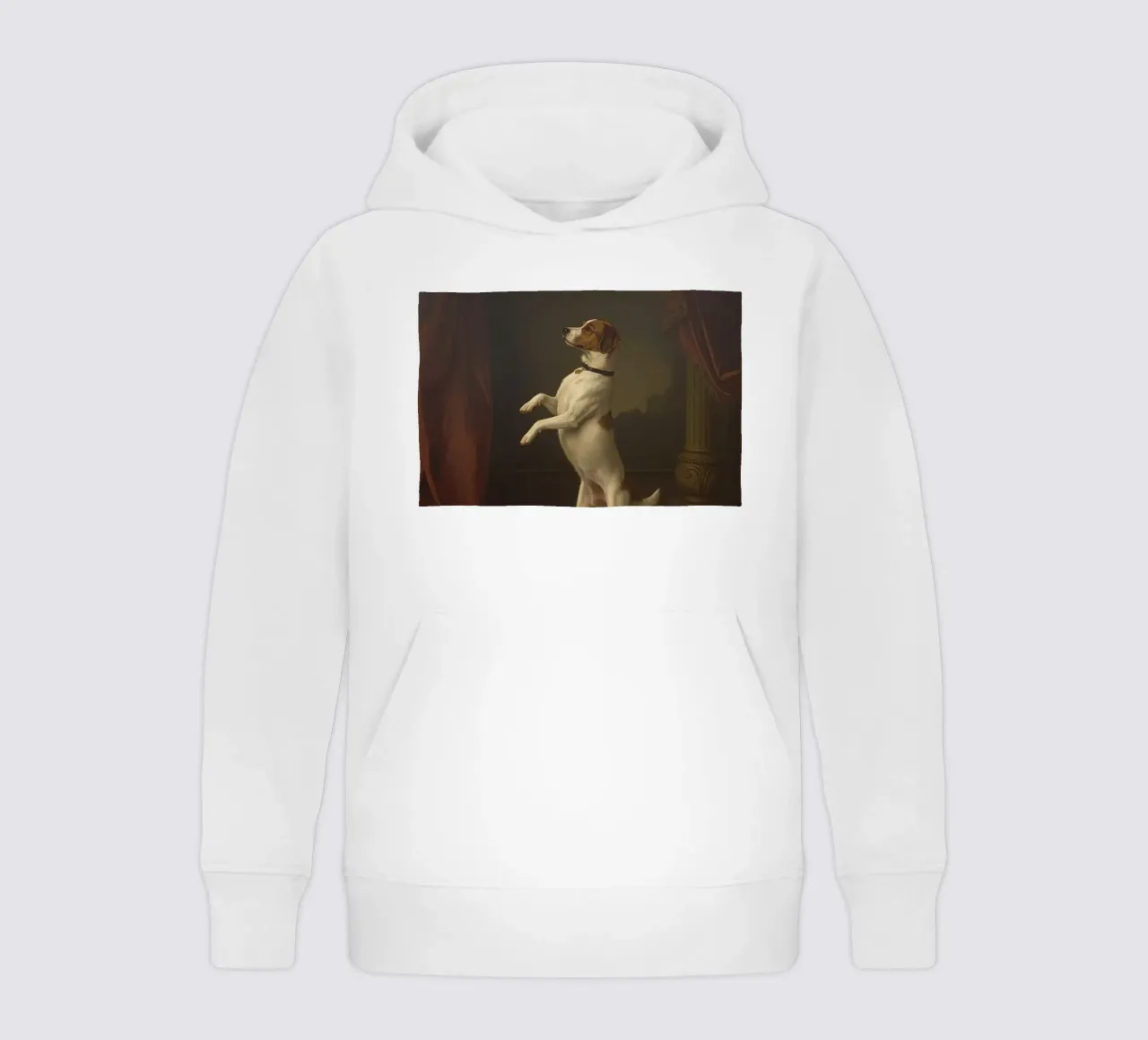 Cane in piedi sulle zampe posteriori in un classico studio di posa felpa bambino con cappuccio da DesignDoodle