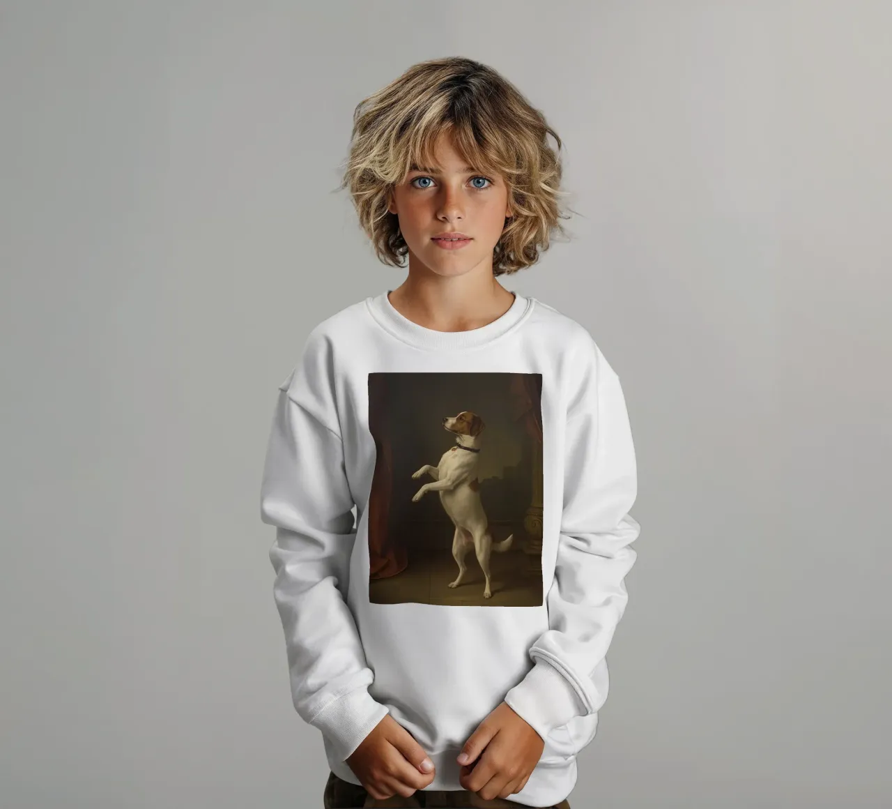 Cane in piedi sulle zampe posteriori in un classico studio di posa felpa bambino da DesignDoodle