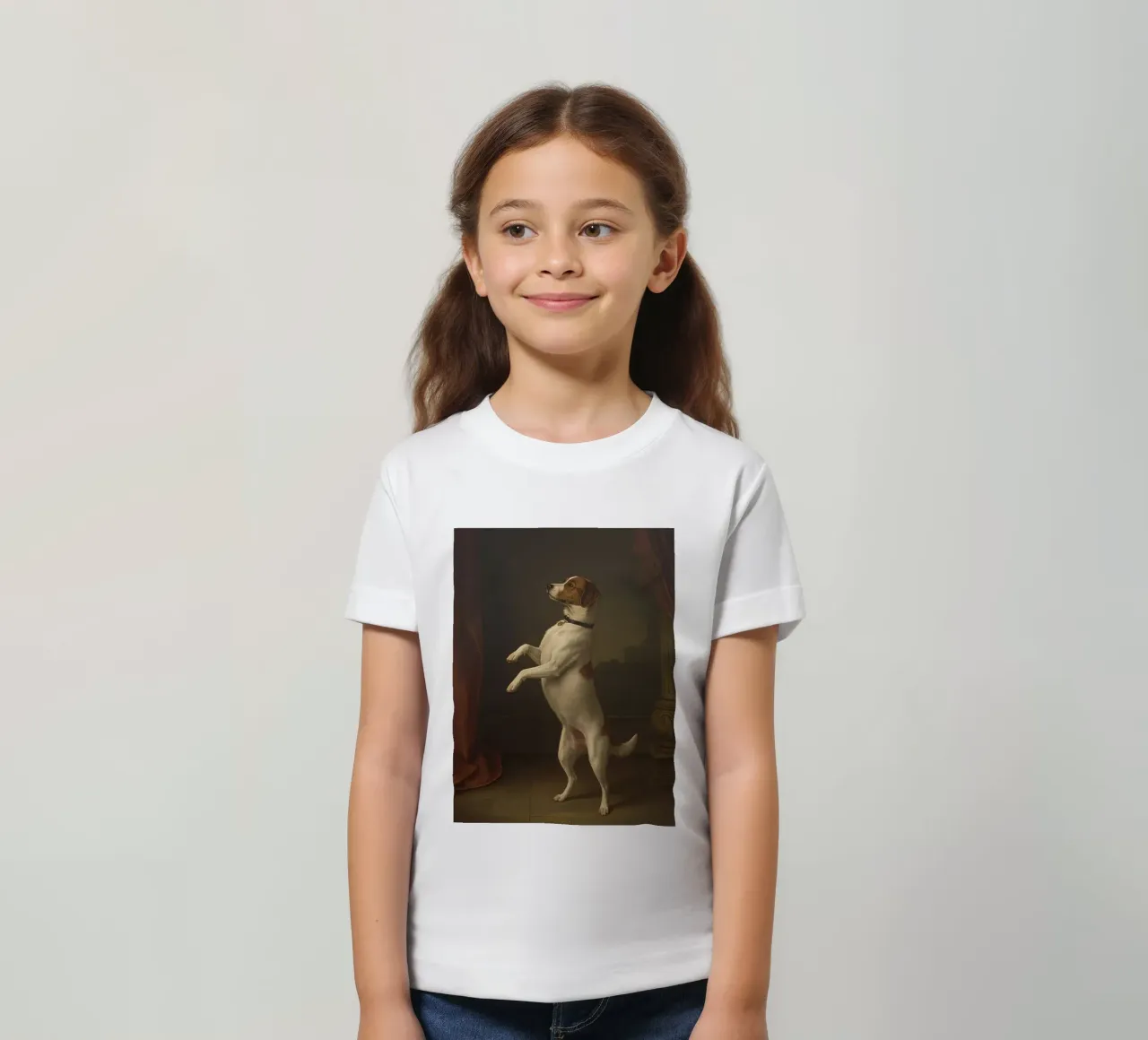 Cane in piedi sulle zampe posteriori in un classico studio di posa t-shirt bambini da DesignDoodle