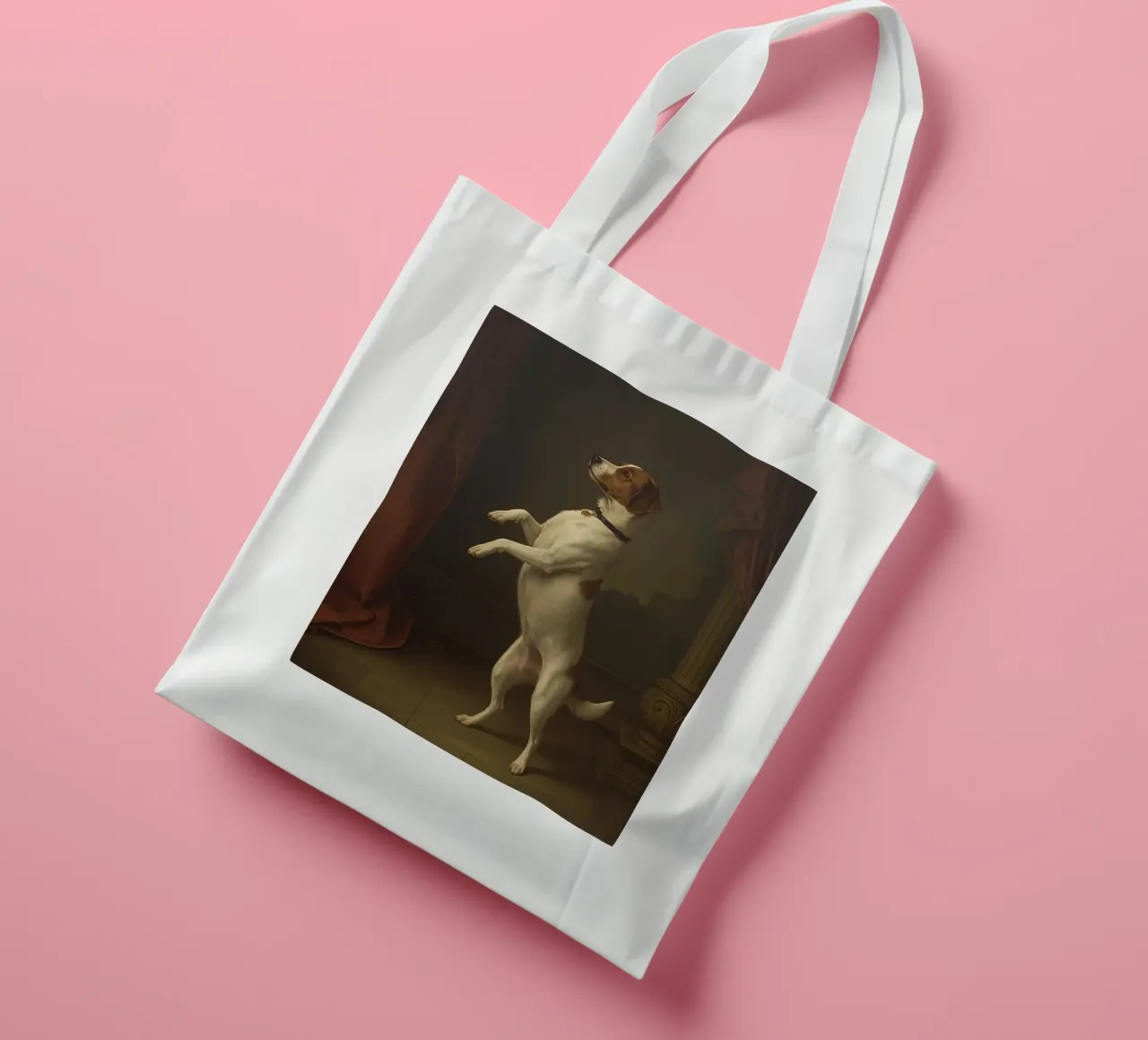 Cane in piedi sulle zampe posteriori in un classico studio di posa borsa in juta da DesignDoodle