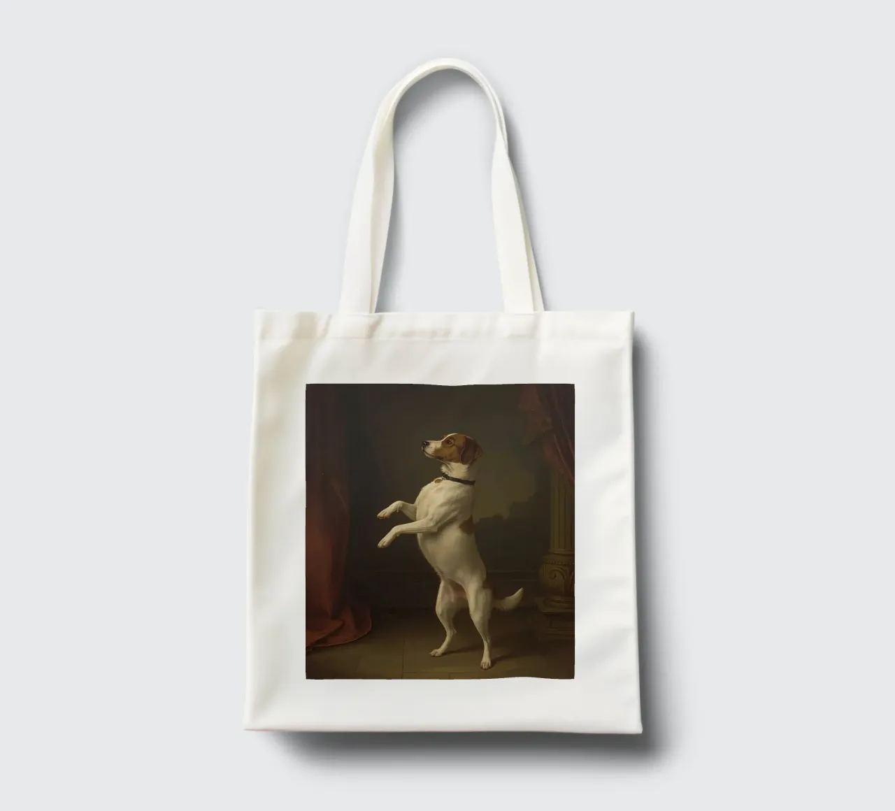 Cane in piedi sulle zampe posteriori in un classico studio di posa borsa in juta da DesignDoodle