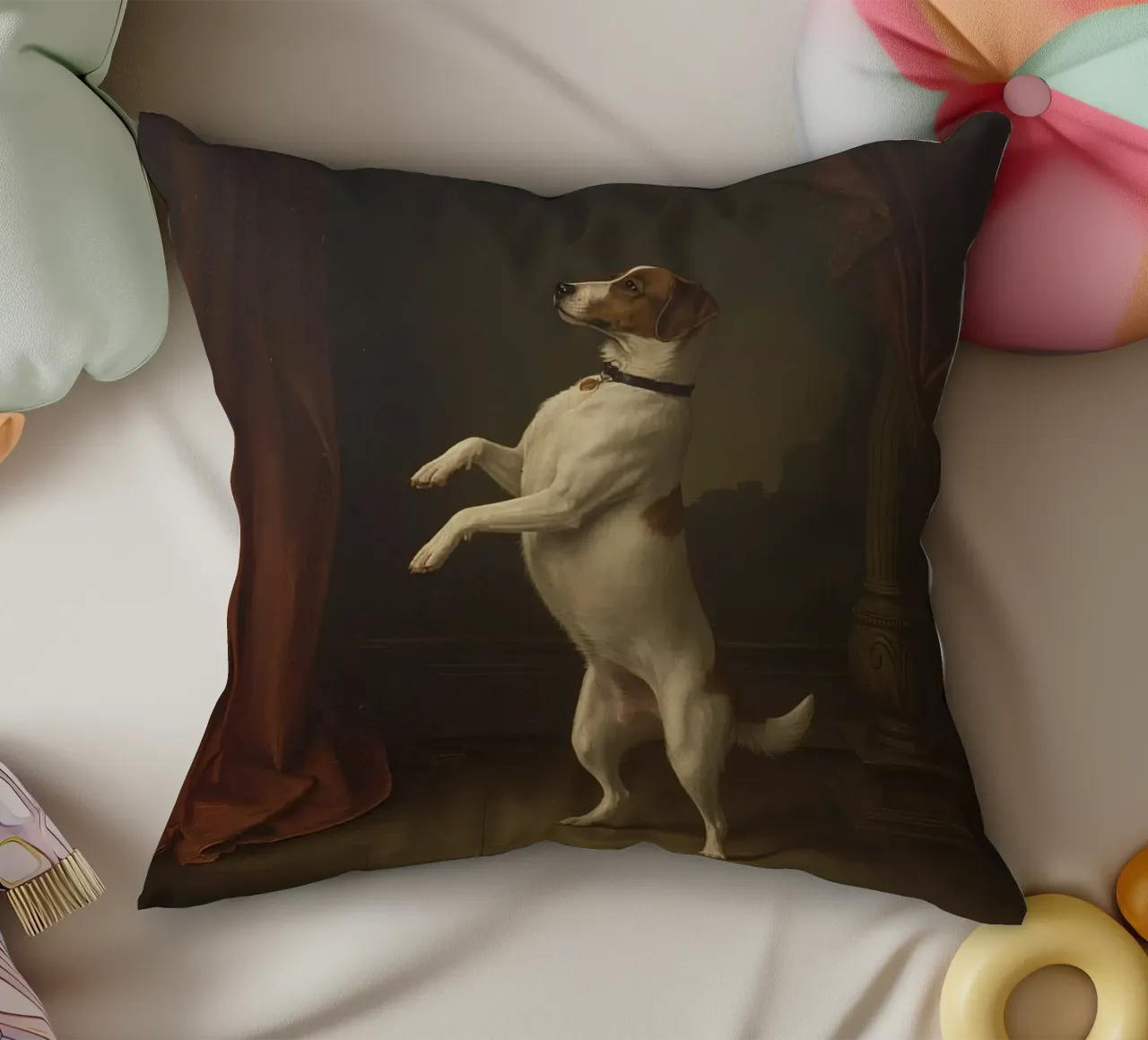 Cane in piedi sulle zampe posteriori in un classico studio di posa cuscino da DesignDoodle