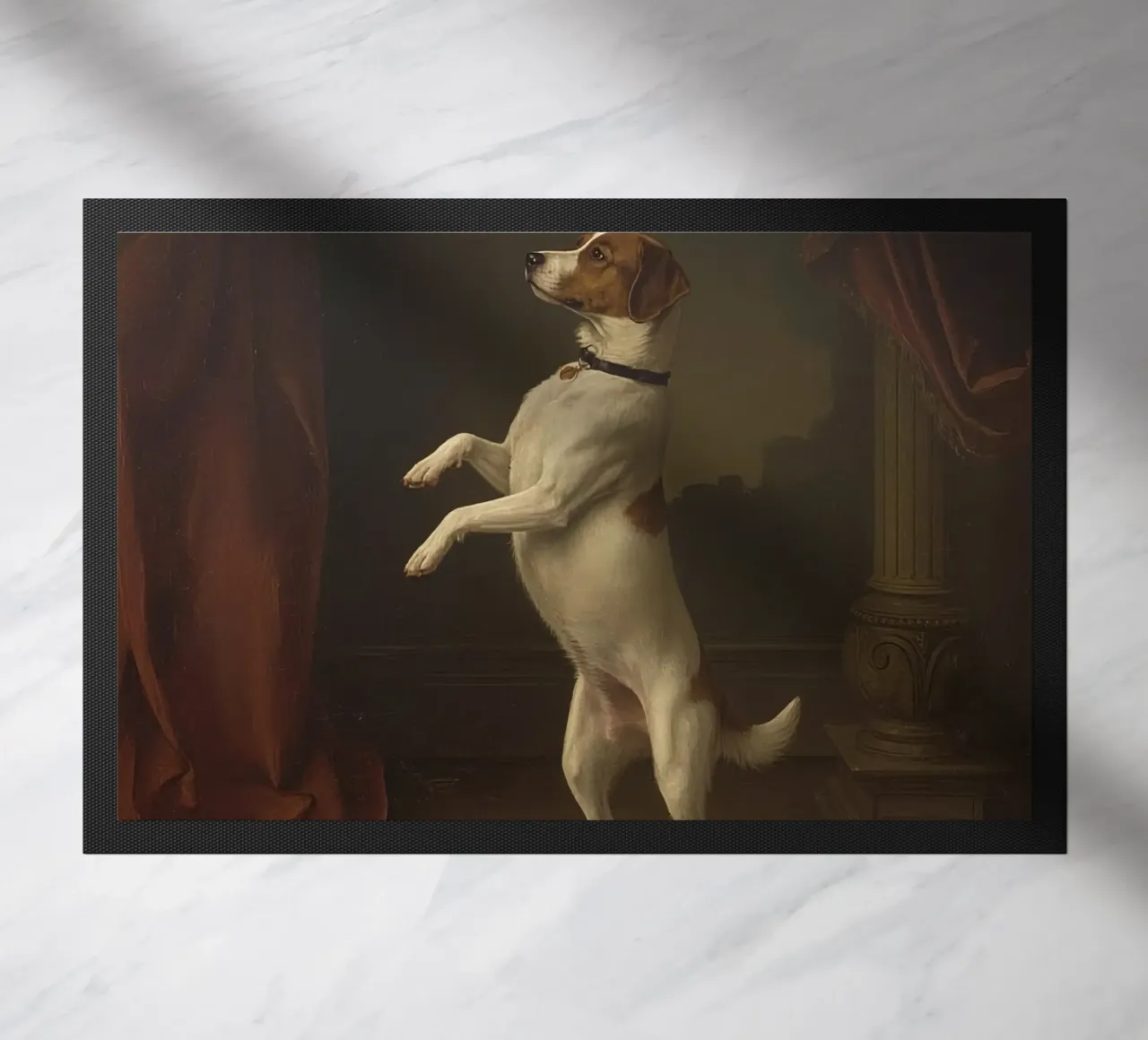 Dog standing on hind legs in a classic studio setting doormat by DesignDoodle