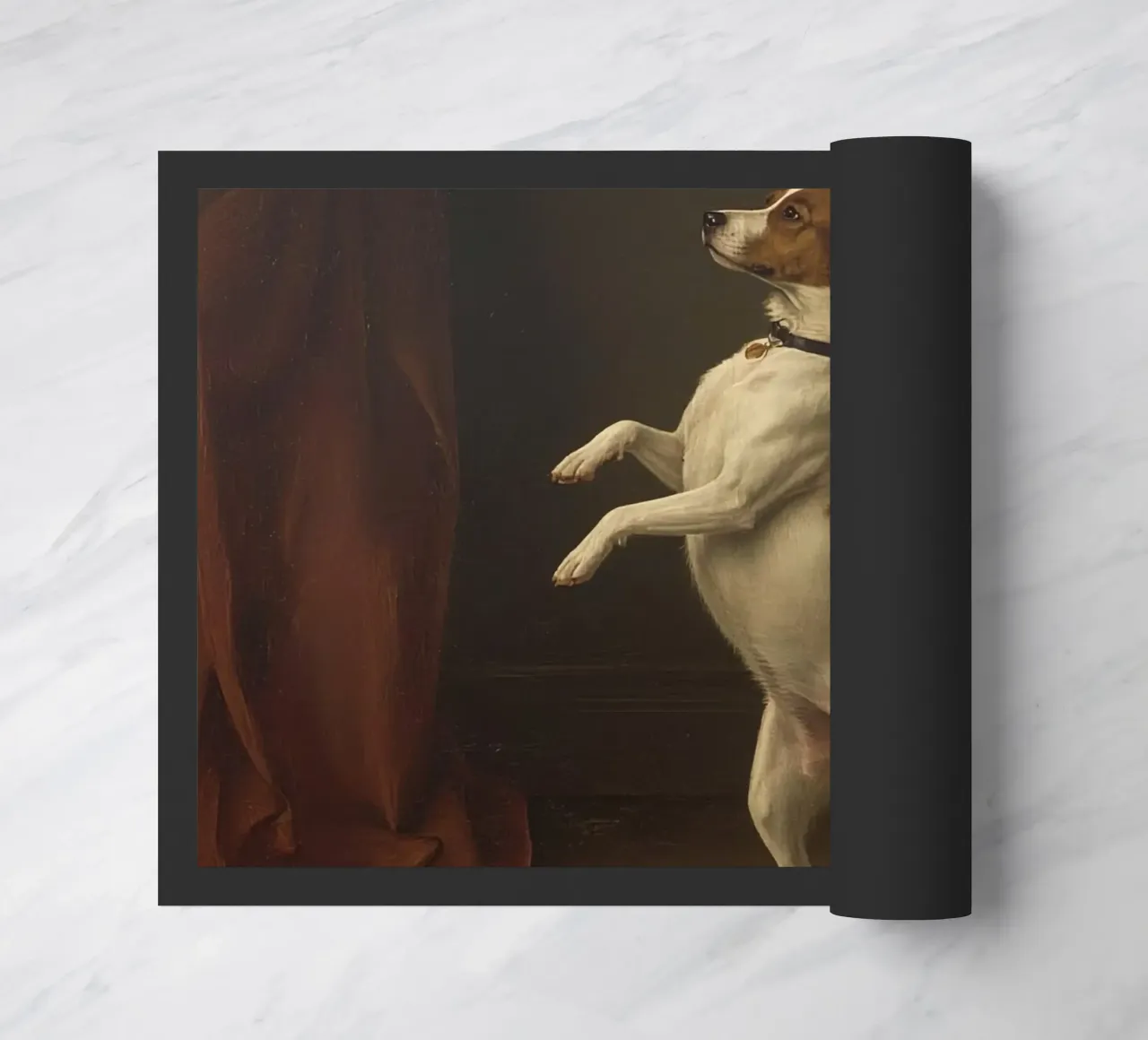 Dog standing on hind legs in a classic studio setting doormat by DesignDoodle