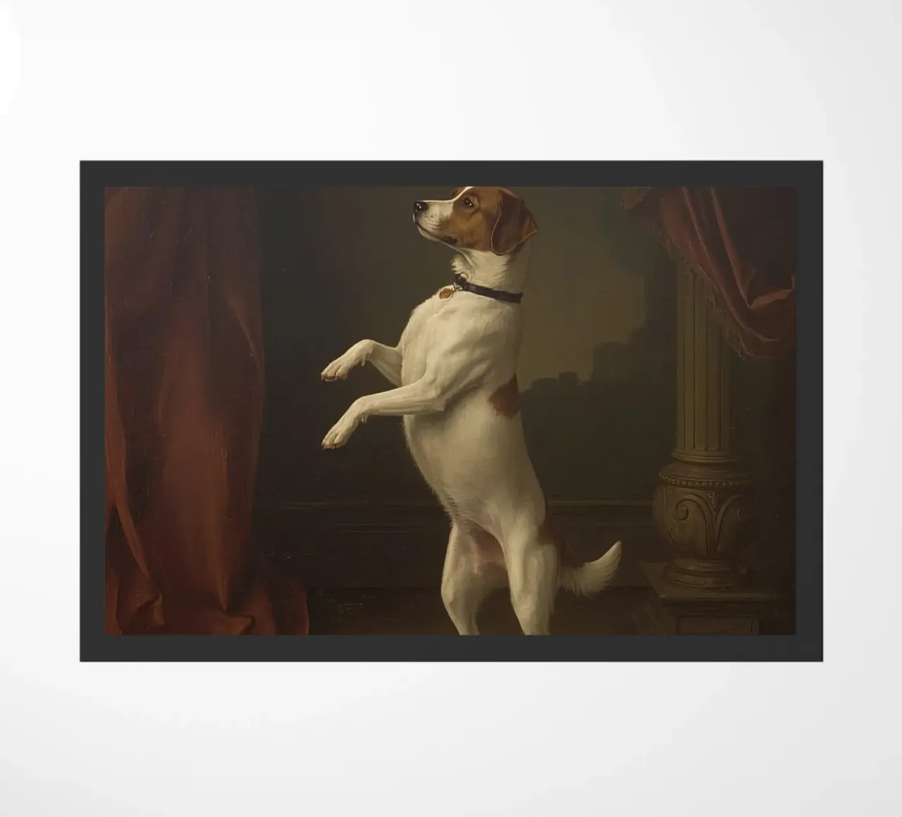 Dog standing on hind legs in a classic studio setting doormat by DesignDoodle