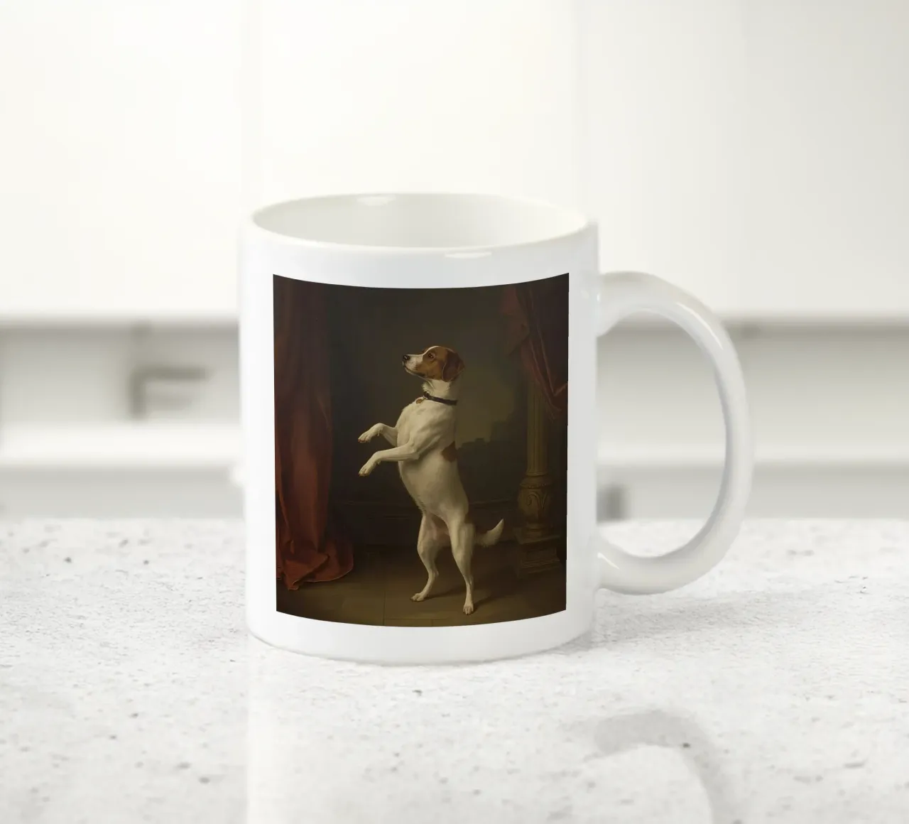 Cane in piedi sulle zampe posteriori in un classico studio di posa tazza in ceramica da DesignDoodle