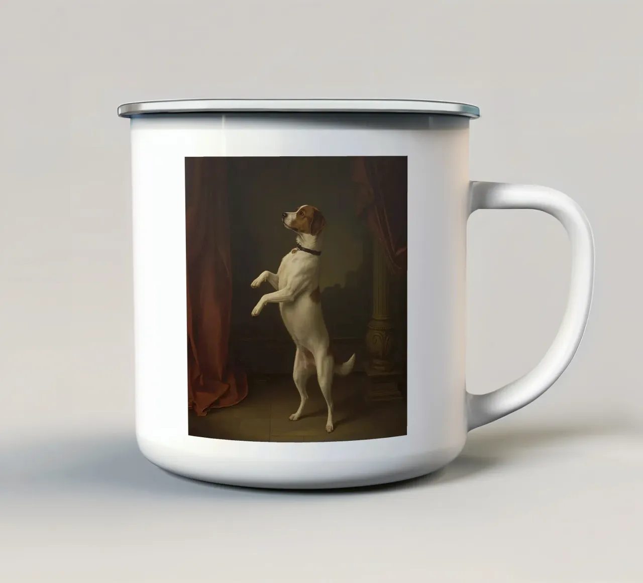Cane in piedi sulle zampe posteriori in un classico studio di posa tazza in smalto da DesignDoodle