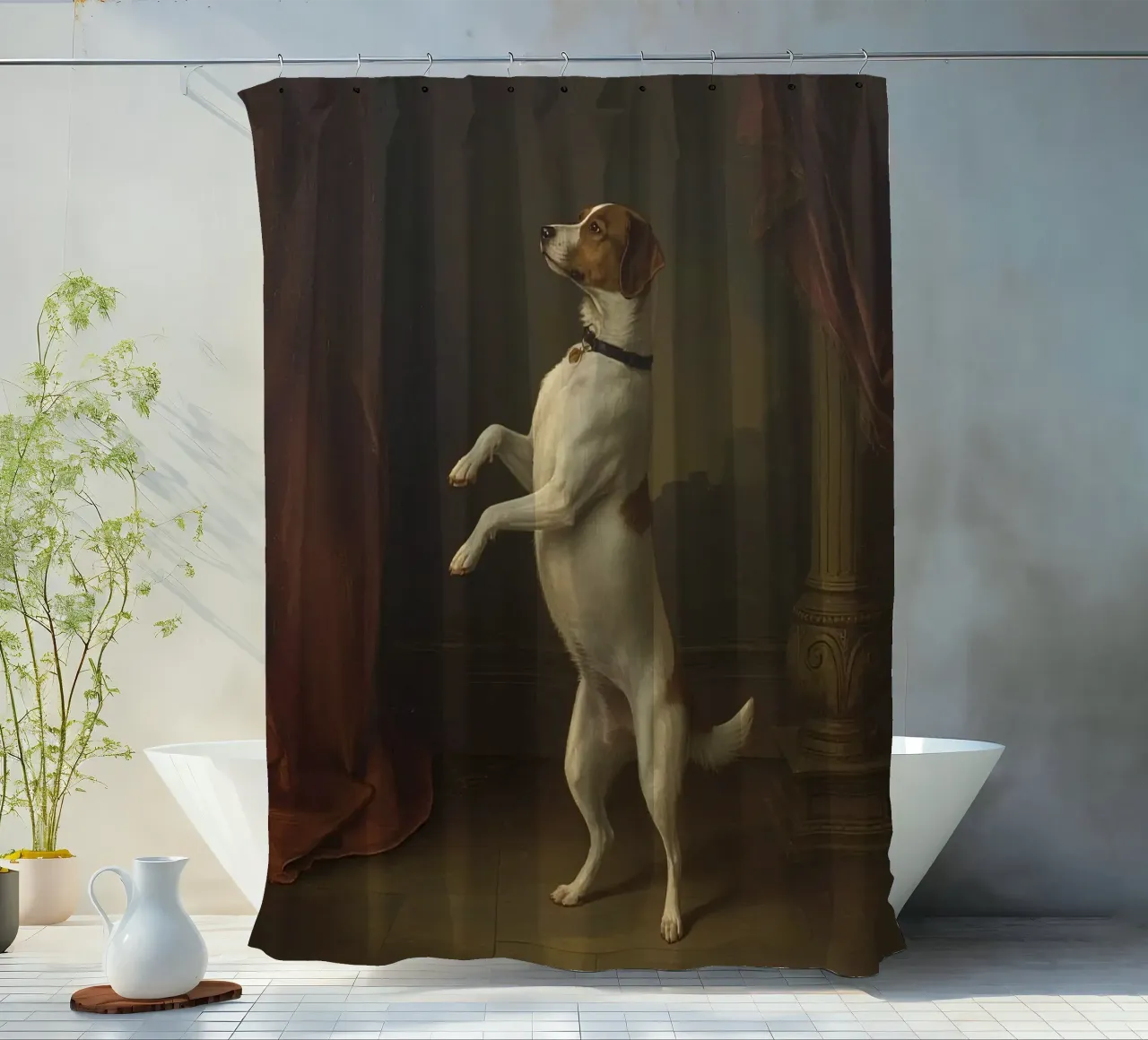 Cane in piedi sulle zampe posteriori in un classico studio di posa tenda da doccia da DesignDoodle