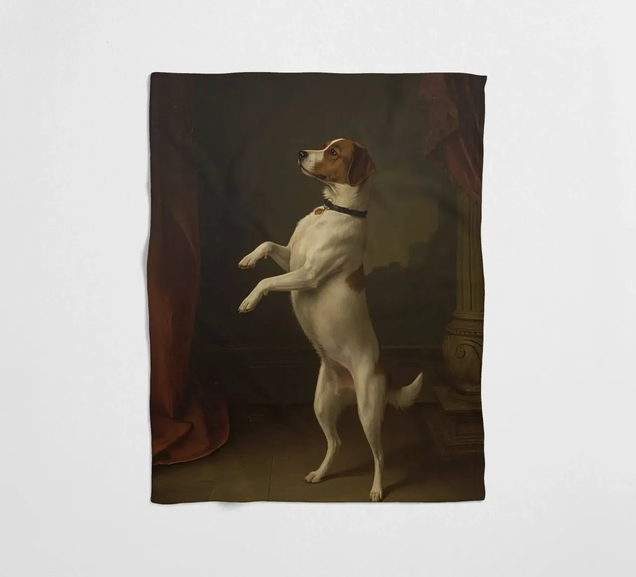 Hond staat op achterpoten in een klassieke studiosetting fleecedeken van DesignDoodle