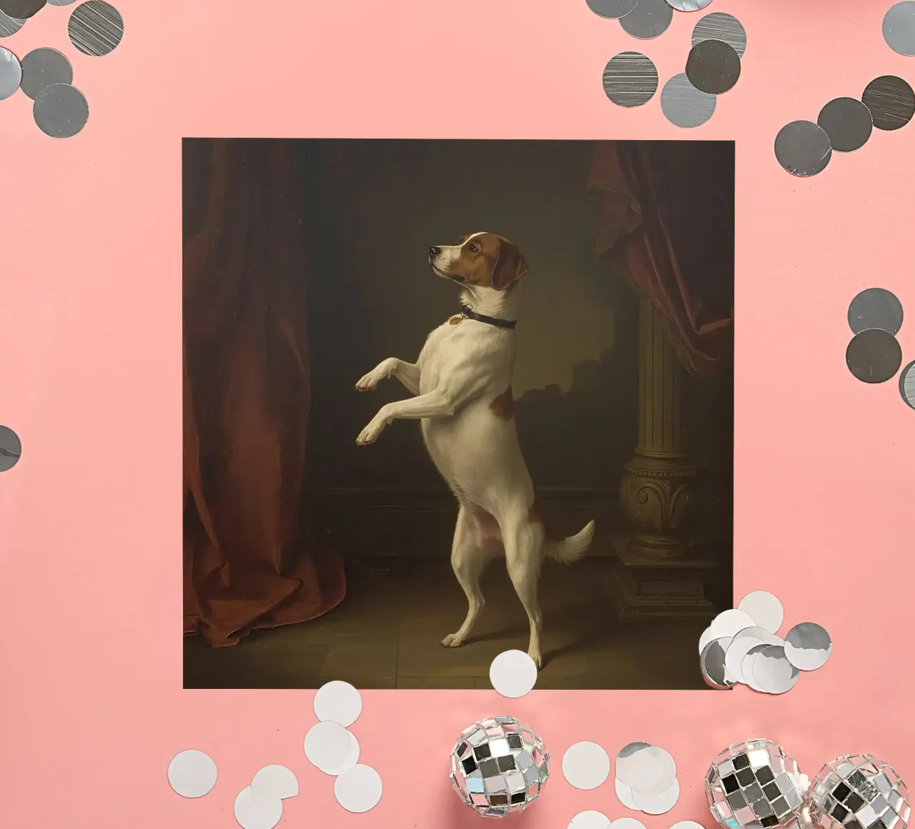 Cane in piedi sulle zampe posteriori in un classico studio di posa adesivo da DesignDoodle