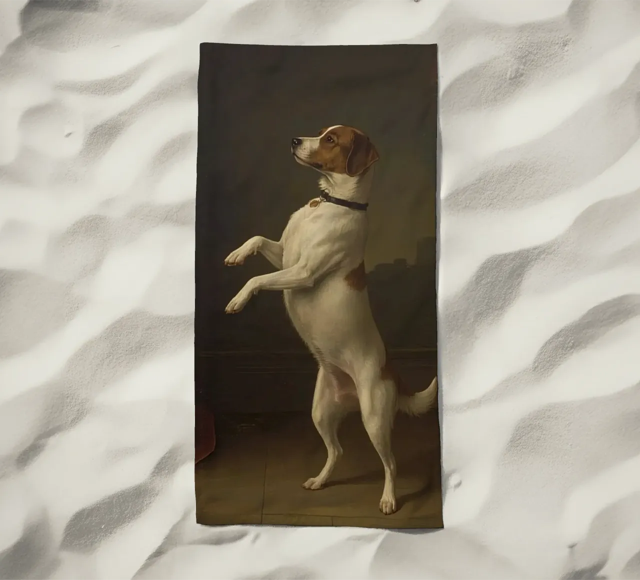 Auf den Hinterbeinen stehender Hund in einer klassischen Studioumgebung Strandtuch von DesignDoodle