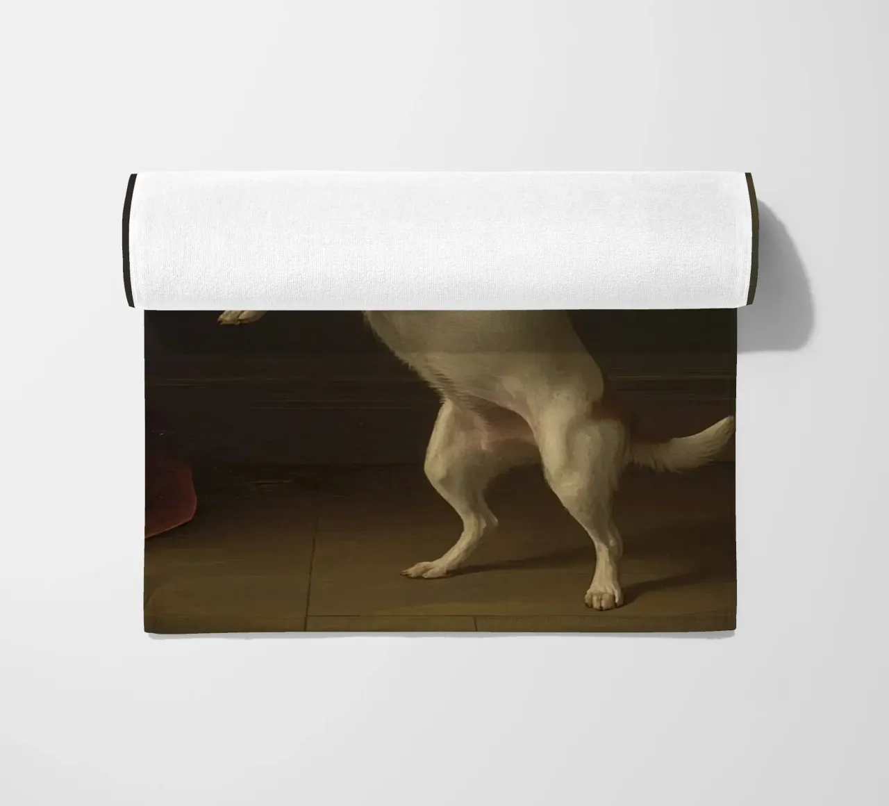 Auf den Hinterbeinen stehender Hund in einer klassischen Studioumgebung Strandtuch von DesignDoodle